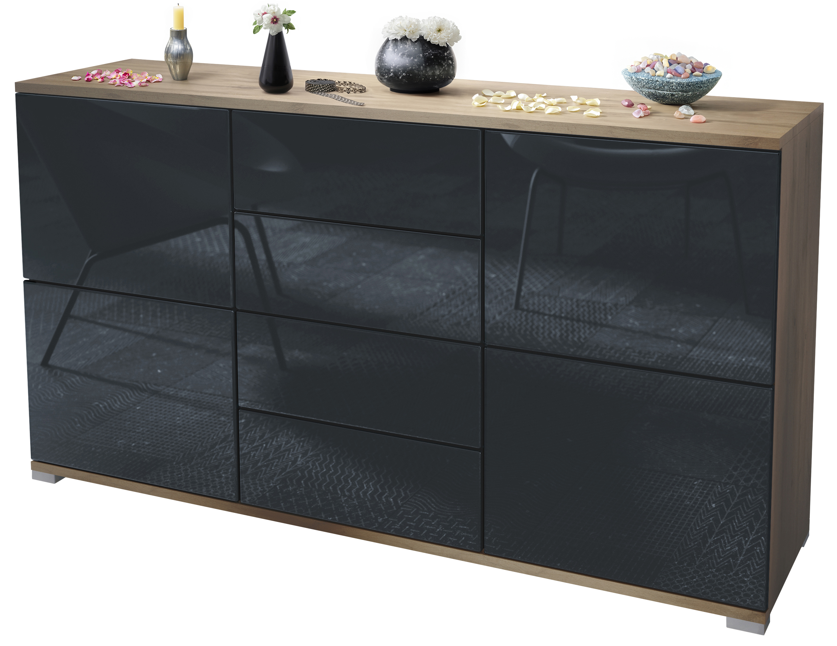 Sideboard Rova V1 4 Schubladen, Made in Germany, Eiche Evoke/Schwarz Hochglanz (138,5 x 75,5 x 35)
