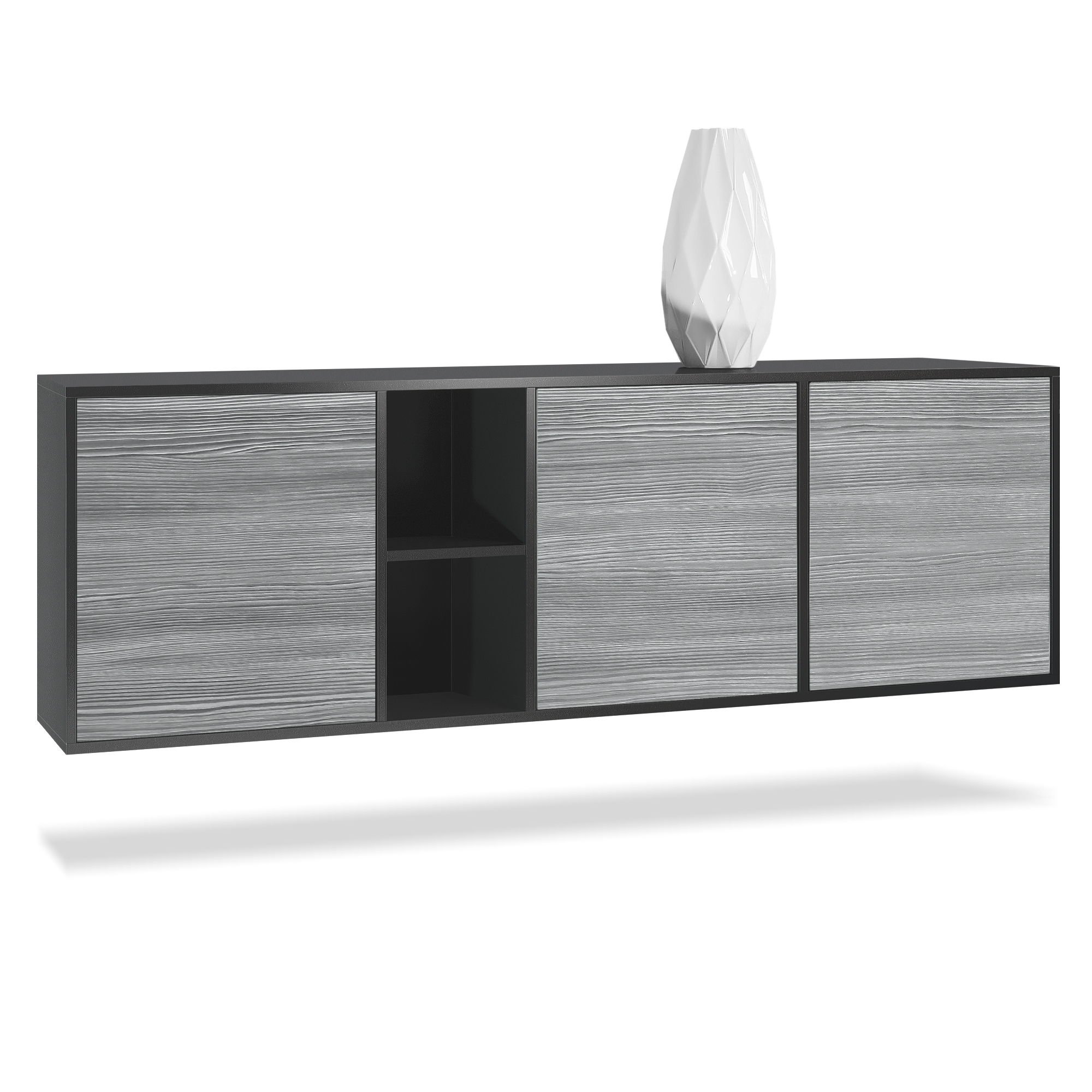 Sideboard Cuba  mit 3 Türen und 2 offene Fächer Schwarz matt/Avola-Anthrazit (182 x 53 x 35 cm)