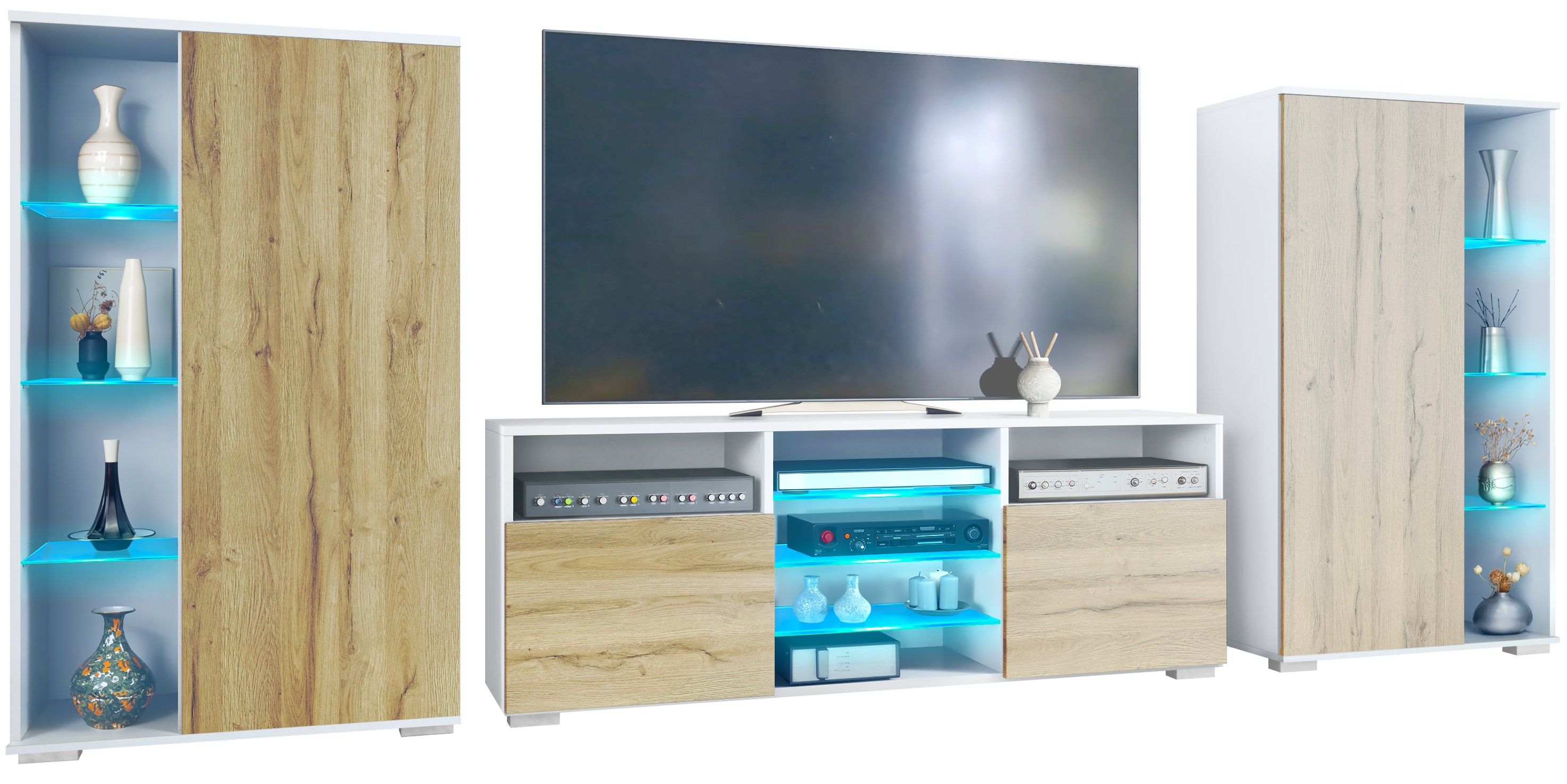 Wohnwand Davos LED 3-tlg. bestehend aus 2 Vitrinen, 1 TV-Board und LED-Beleuchtung Weiß matt/Eiche Natur (329 x 134 x 35 cm)