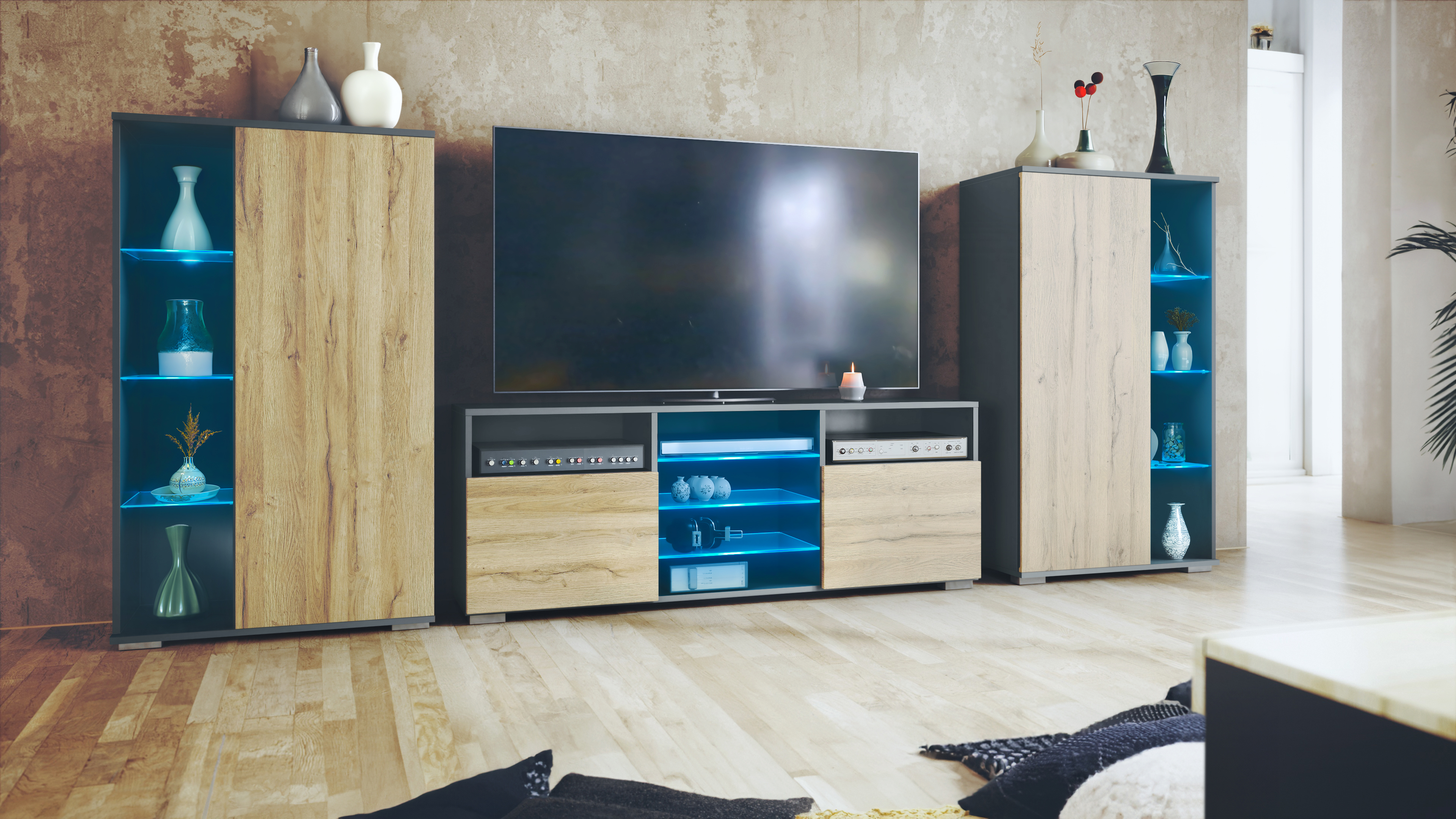 Wohnwand Davos LED 3-tlg. bestehend aus 2 Vitrinen, 1 TV-Board und LED-Beleuchtung Anthrazit matt/Eiche Natur (329 x 134 x 35 cm)