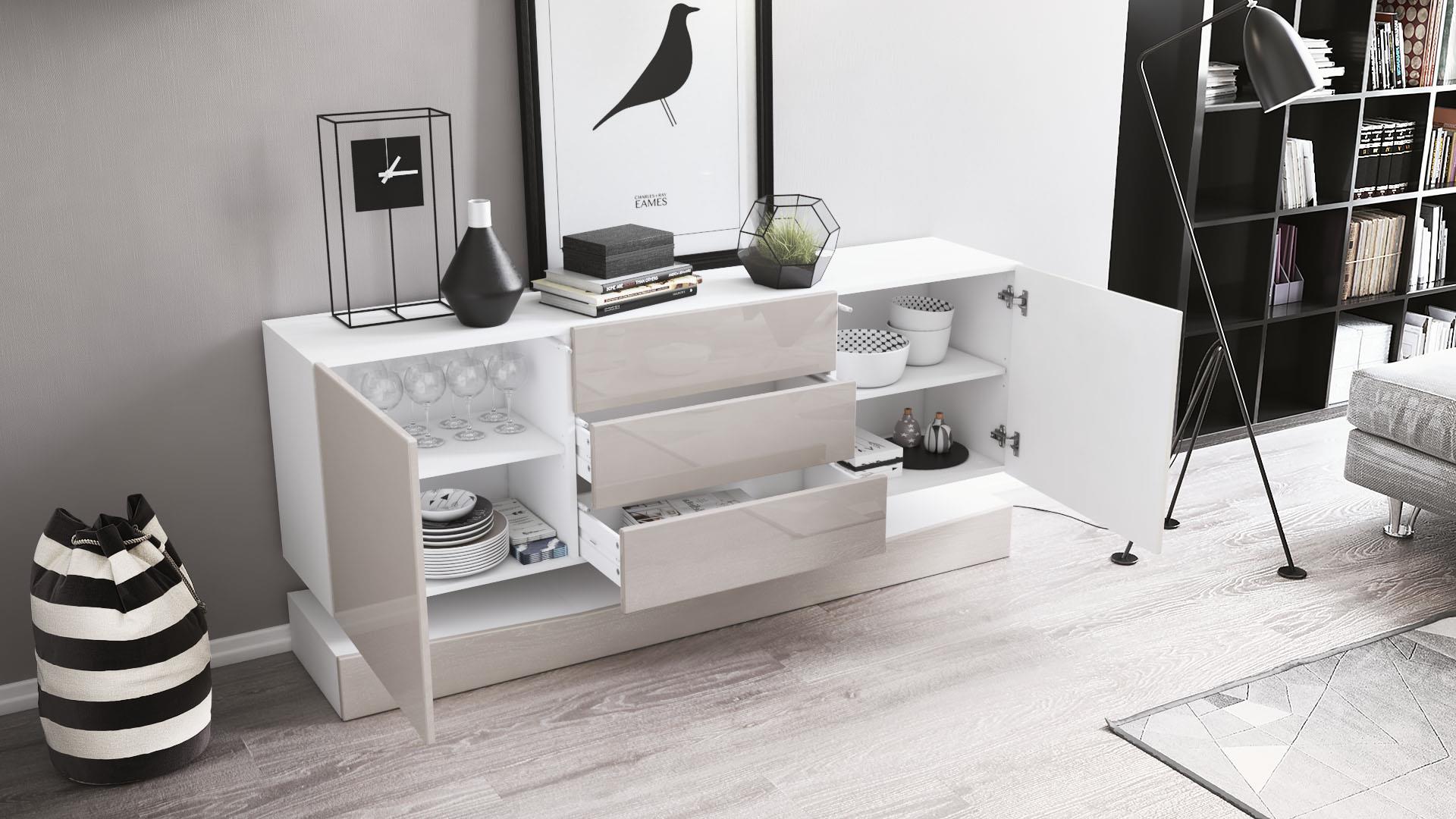 Sideboard City  mit 2 Türen und 3 Schubladen Weiß matt/Weiß Hochglanz (178 x 72 x 38 cm)