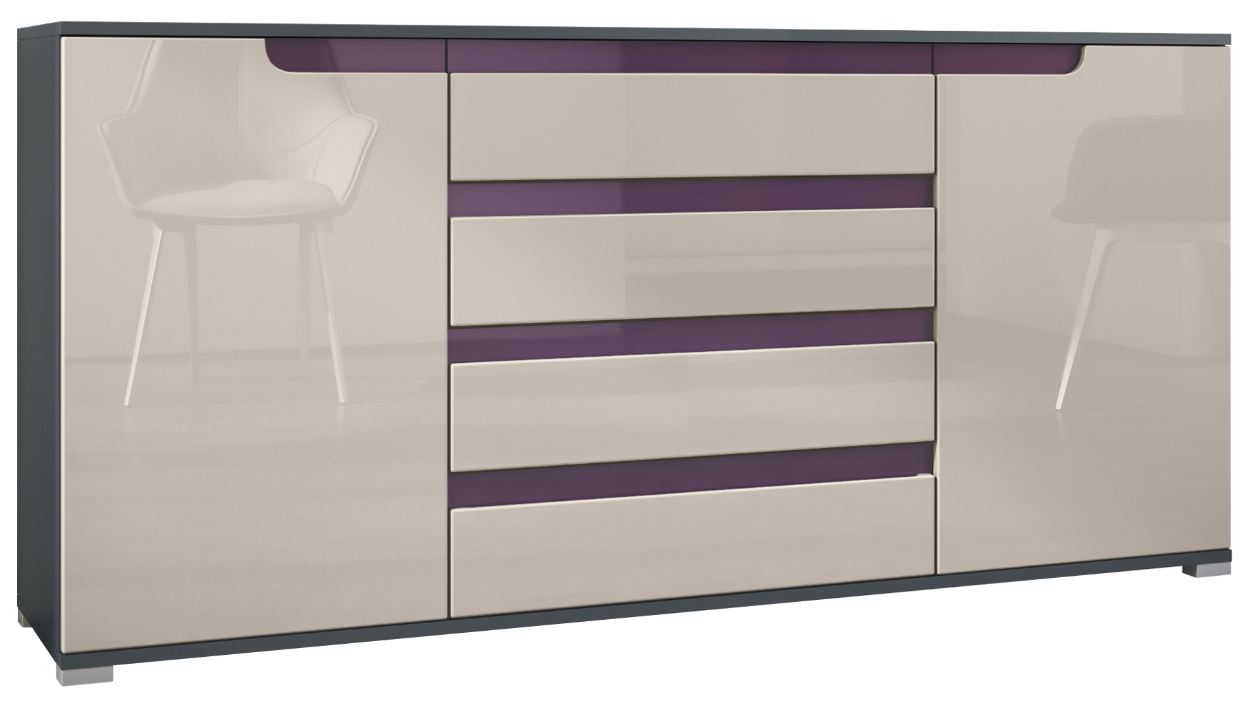 Sideboard Sylt V2 Anthrazit Korpus - Anthrazit matt / Front - Sandgrau Hochglanz / Absetzung - Brombeer Hochglanz (166,5 x 75,5 x 35 cm)