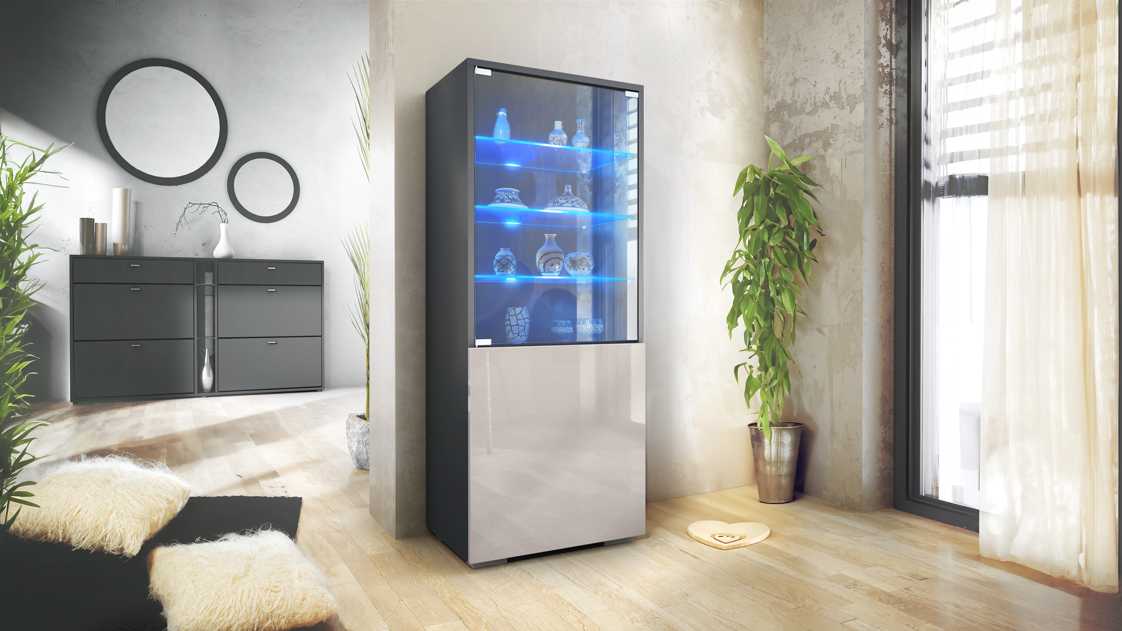 Granada Vitrine Anthrazit mit LED mit Glastür und Glaseinsatz inkl. LED Anthrazit matt/Sandgrau Hochglanz (50 x 122,5 x 34,5 cm)