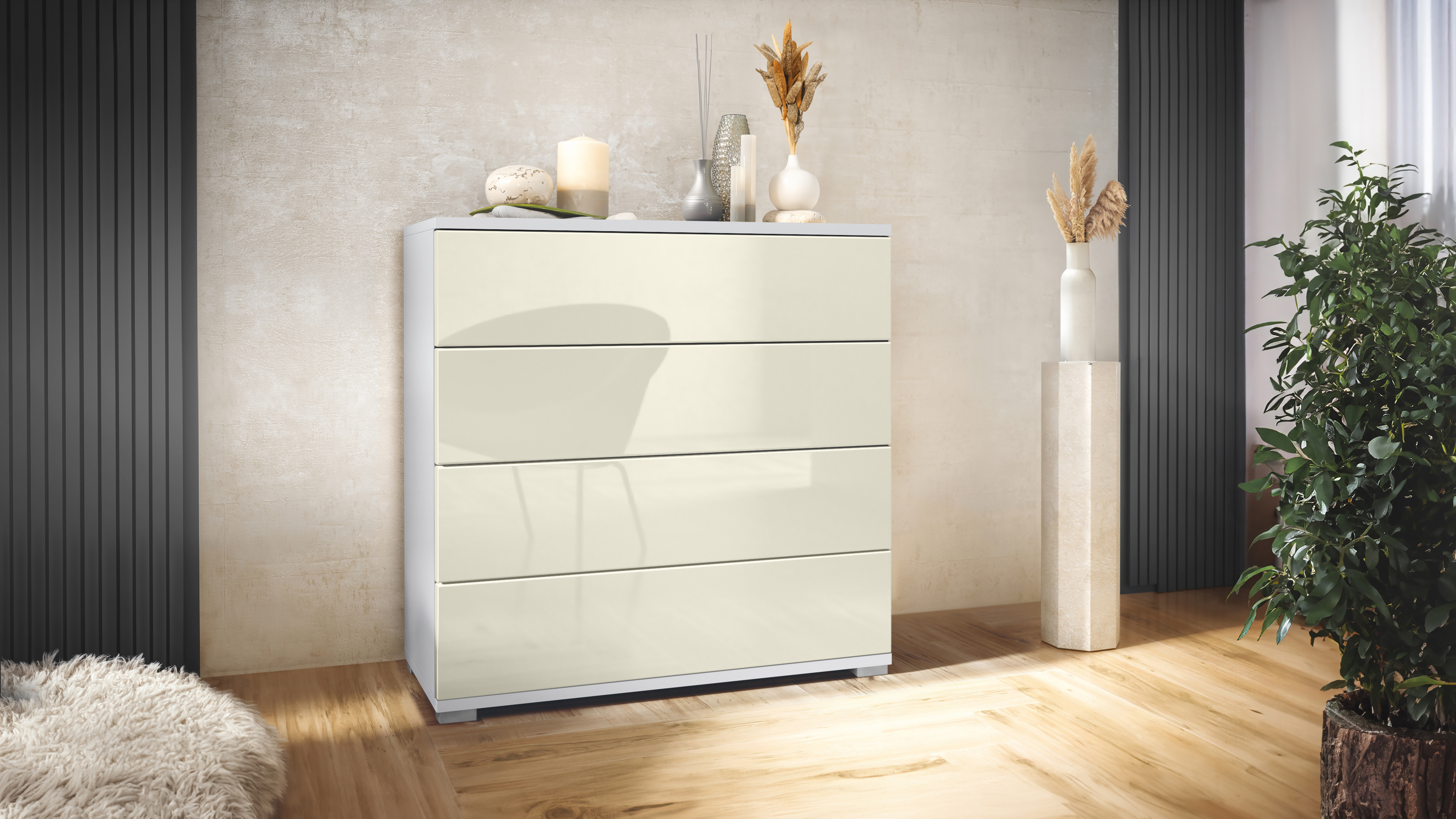 Kommode Pavos V3 Weiß mit 4 Schubladen Weiß matt/Creme Hochglanz (76 x 76 x 35 cm)