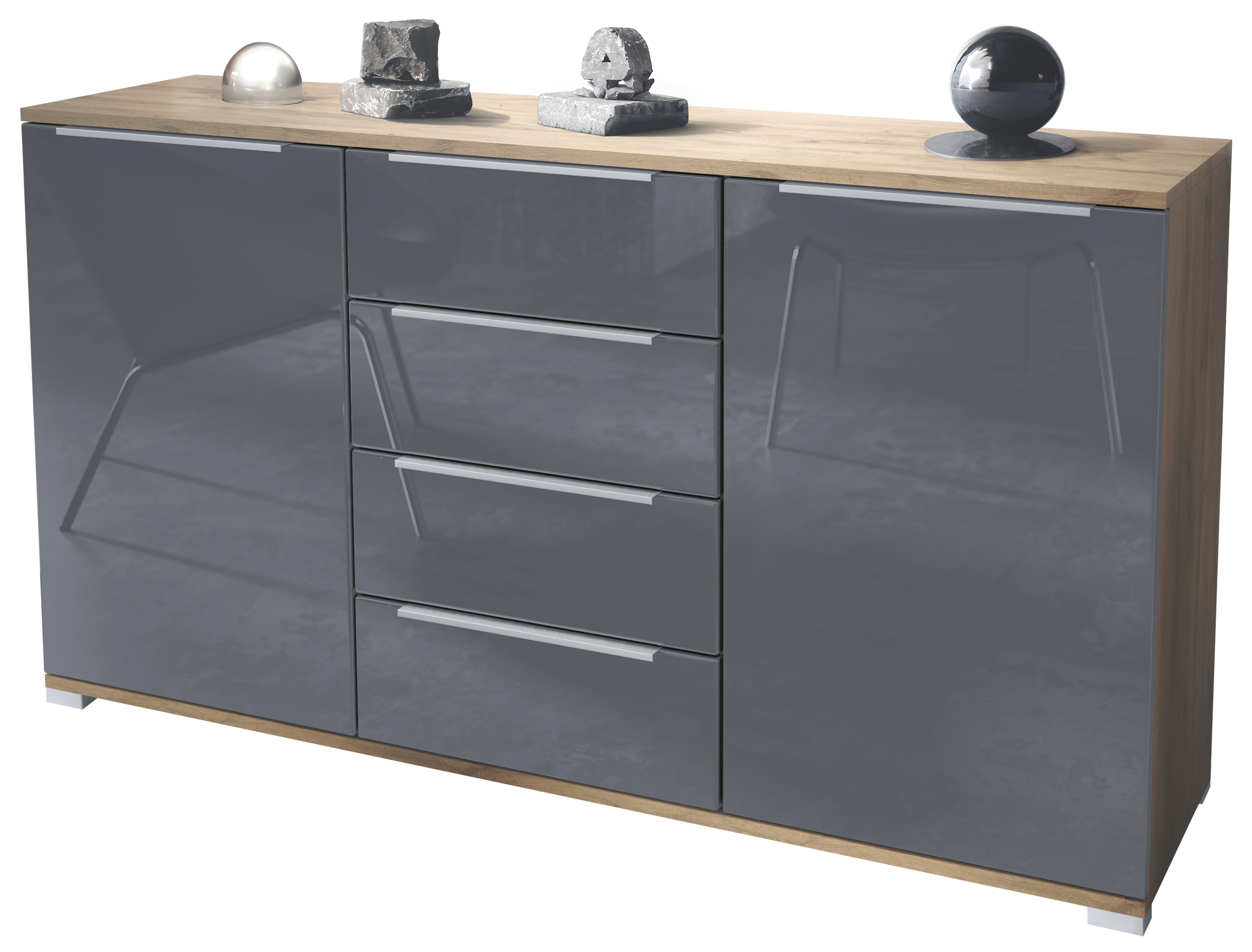 Linio V1 Sideboard Eiche Evoke mit 2 Türen und 4 Schubladen Eiche Evoke/Grau Hochglanz (138,5 x 75,5 x 35 cm)
