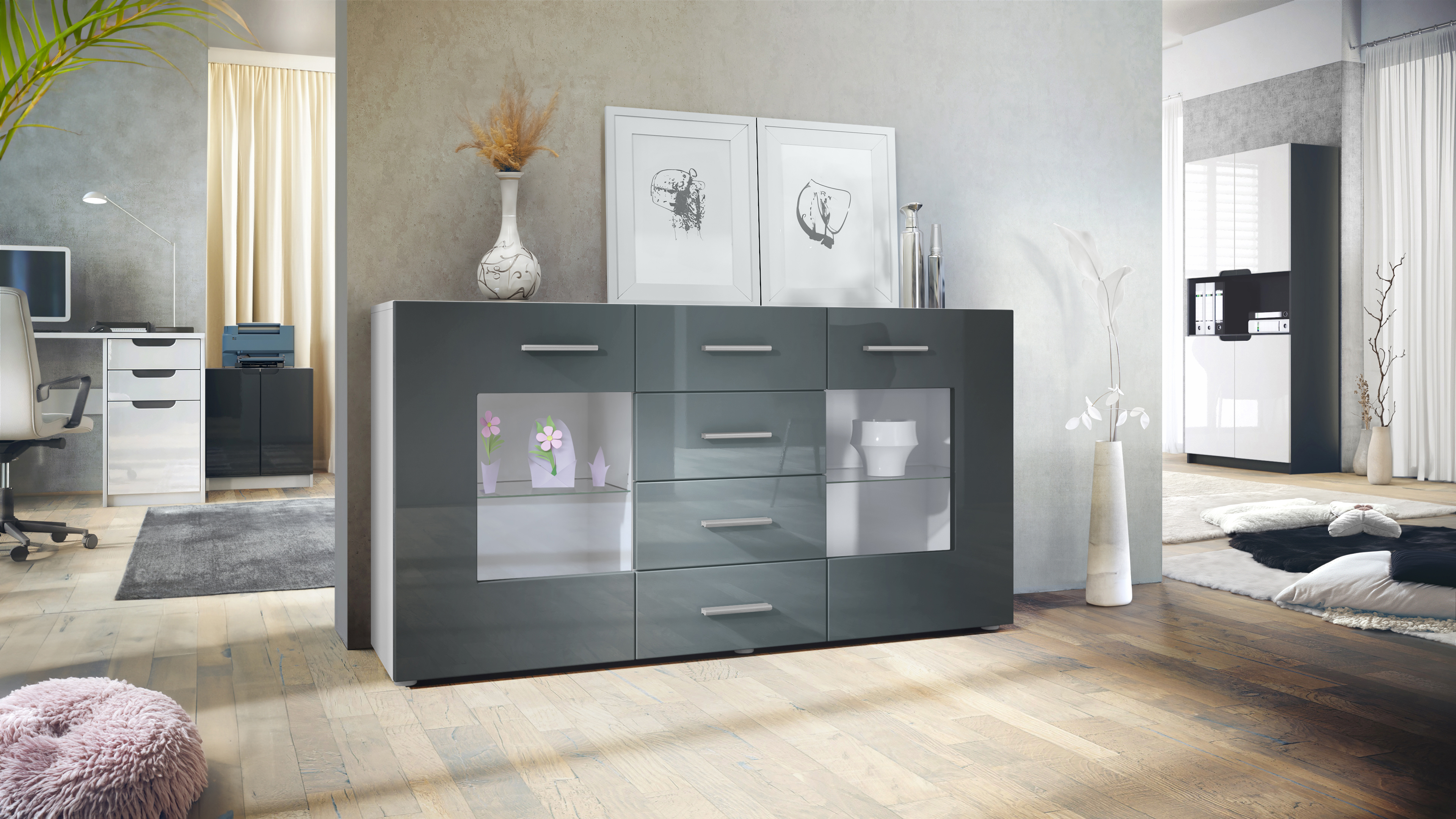 Sideboard Grömitz V1 4 Schubladen und 2 flexible Glaseinlegeböden Weiß matt/Grau Hochglanz (139 x 72 x 35)