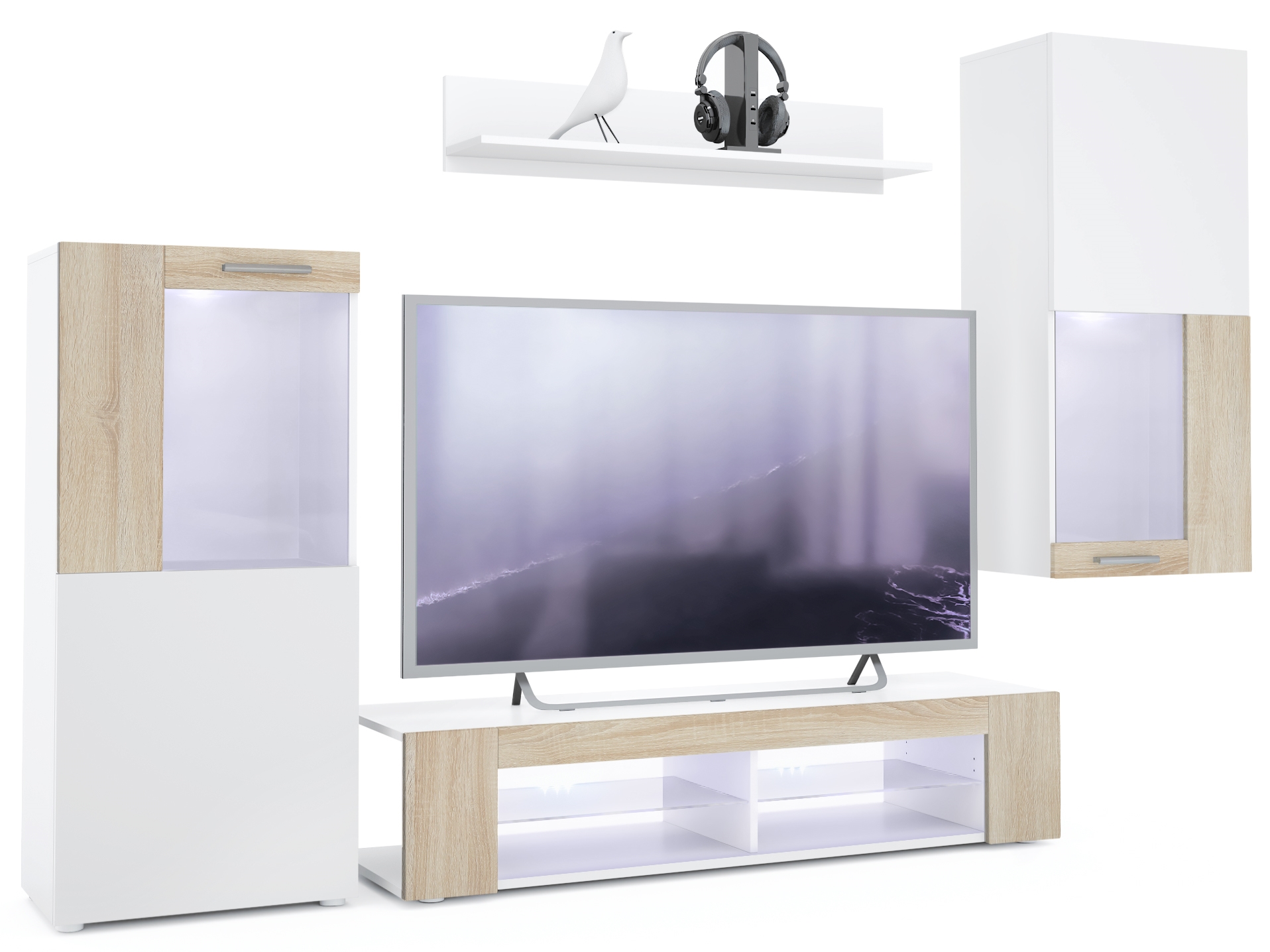 Wohnwand Movie 4-tlg. Weiß mit weißer LED  bestehend aus 1 TV-Board, 2 Vitrinen und 1 Regal Weiß matt/Weiß matt/Eiche Sägerau mit Beleuchtung (300 x 190 x 39 cm)