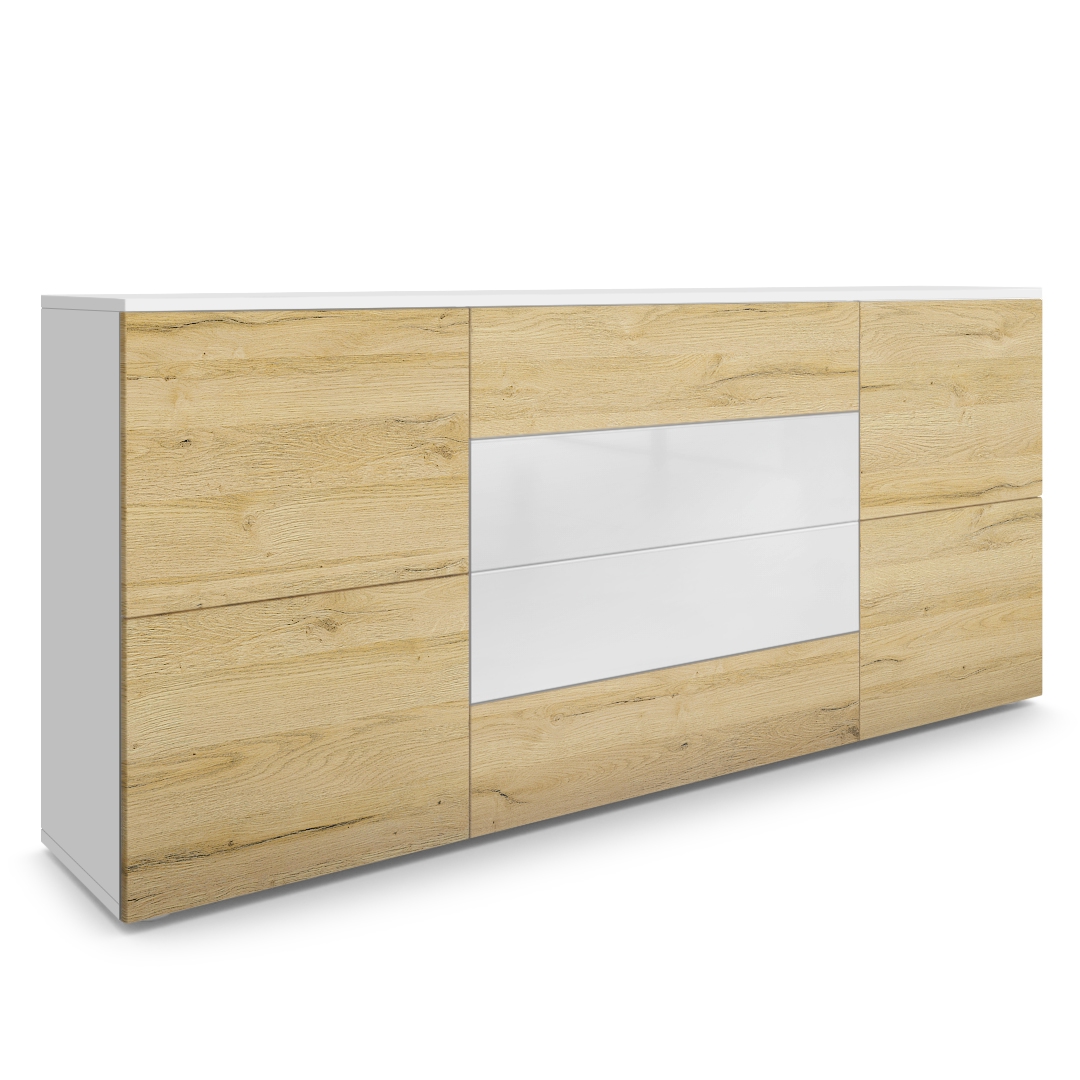 Sideboard Rova mit 4 Türen und 4 Schubladen Weiß matt/Eiche Natur/Weiß Hochglanz (166 x 72 x 35 cm)
