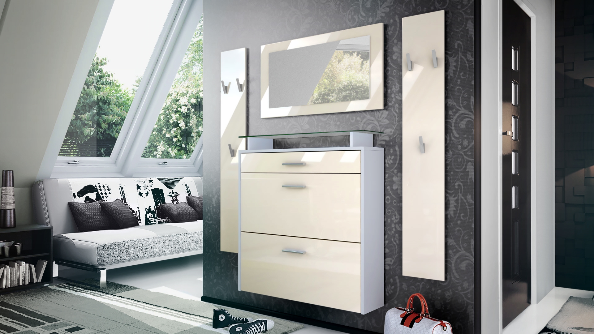 Garderobenset Malea 1 Wandspiegel und 2 Garderobenpaneele Weiß matt/Creme Hochglanz