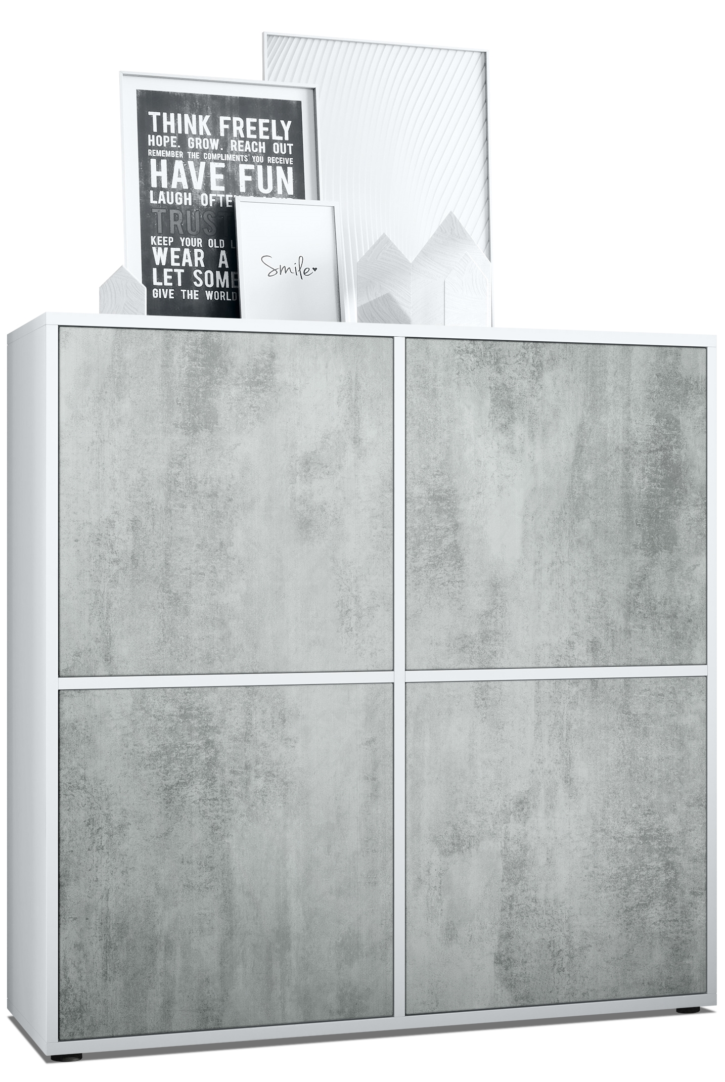 Highboard Cuba V2 Sideboard mit 4 Türen Push-to-Open, Made in Germany Weiß matt / Beton Oxid Optik (104 x 105,5 x 35,5 cm)