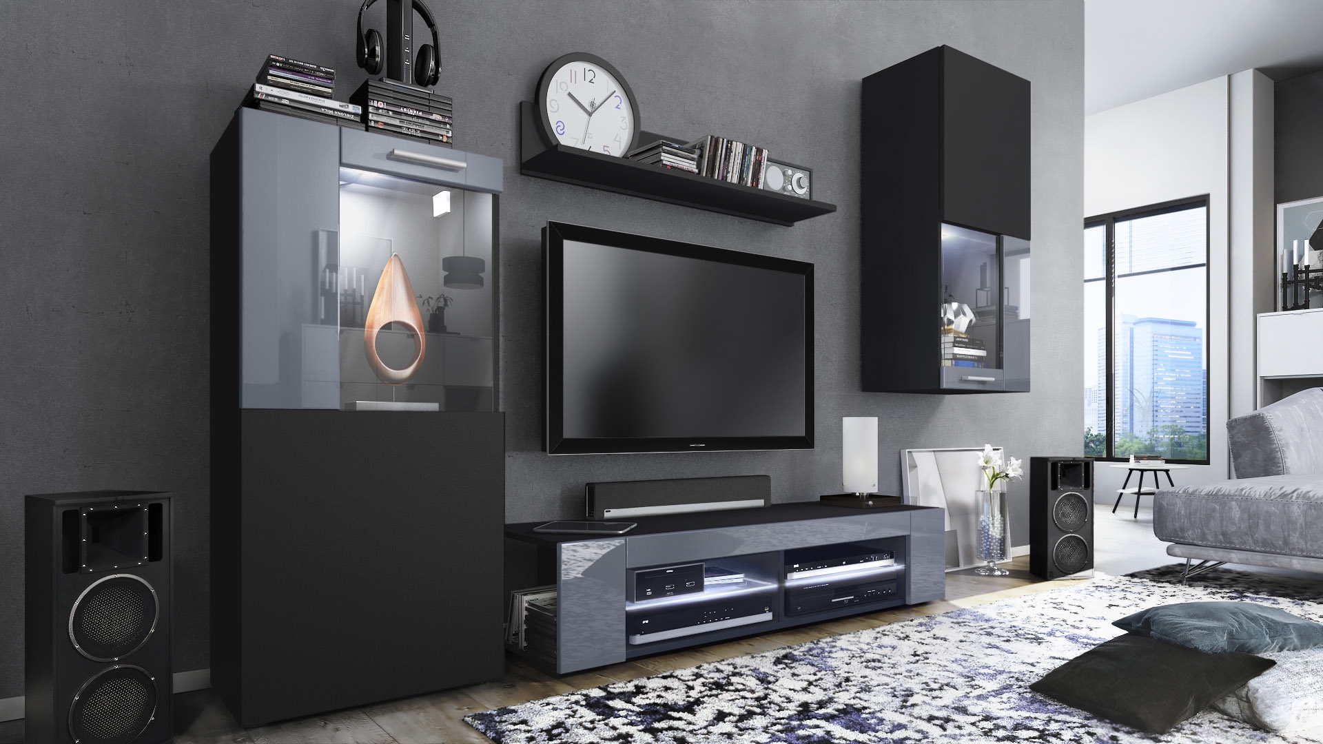 Wohnwand Movie 4-tlg. Schwarz mit LED  bestehend aus 1 TV-Board, 2 Vitrinen und 1 Regal Schwarz matt/Grau glänzend mit Beleuchtung (300x190x39 cm)
