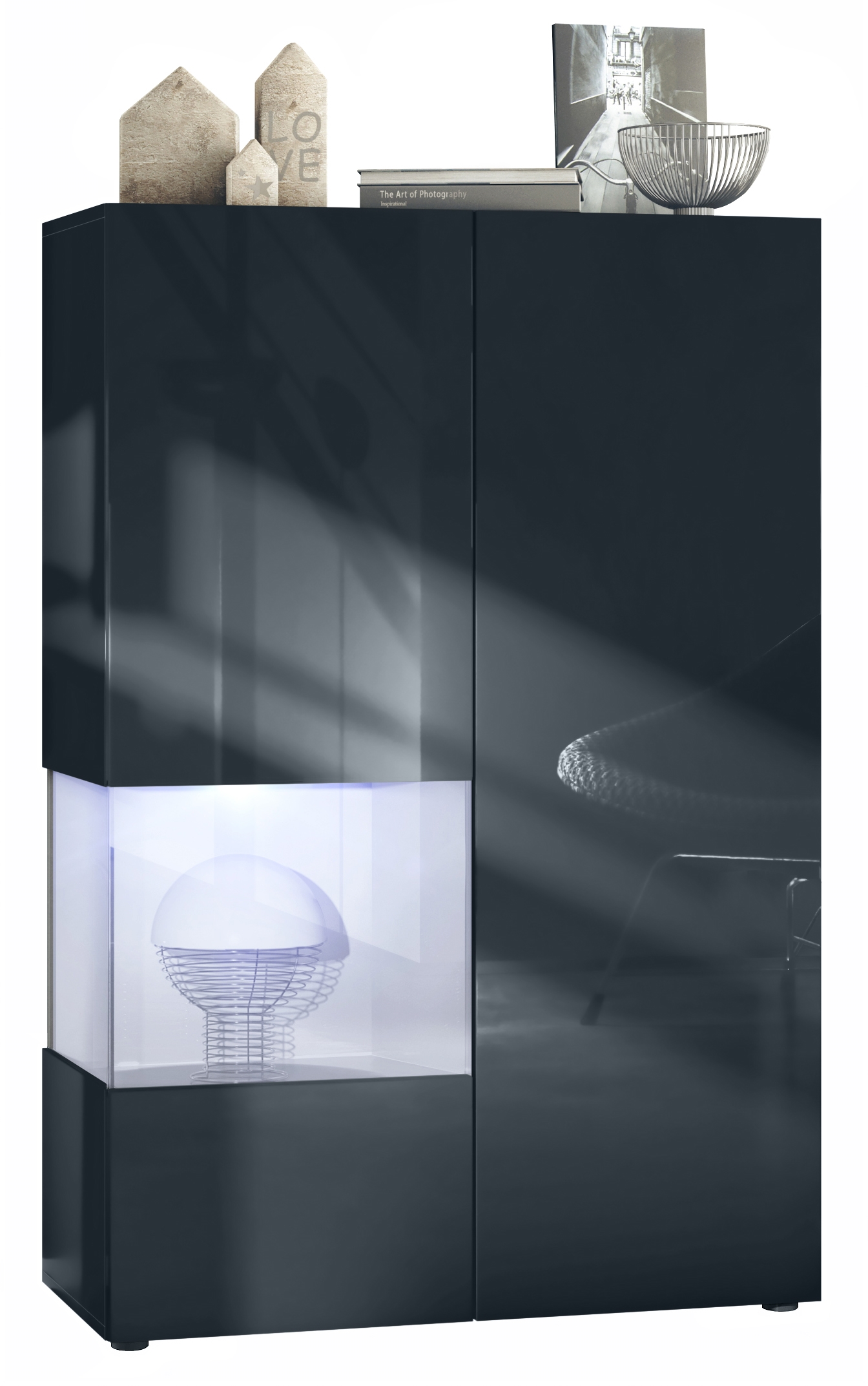 ​Vitrine Morena V2 mit 2 Türen und Glaseinsatz inkl. LED-Beleuchtung Schwarz matt/Schwarz Hochglanz/Weiß matt(91,5 x 136,5 x 37 cm)