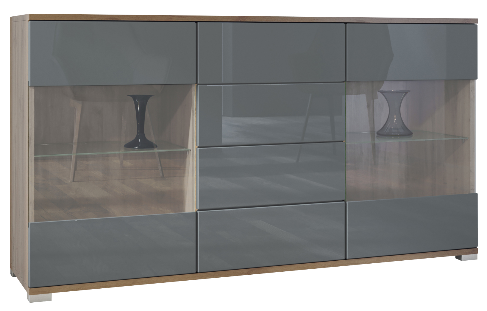 Sideboard Bari V1 Eiche Evoke 4 Schubladen und 2 flexible Glaseinlegeböden Eiche Evoke/Grau Hochglanz (138,5 x 75,5 x 35)
