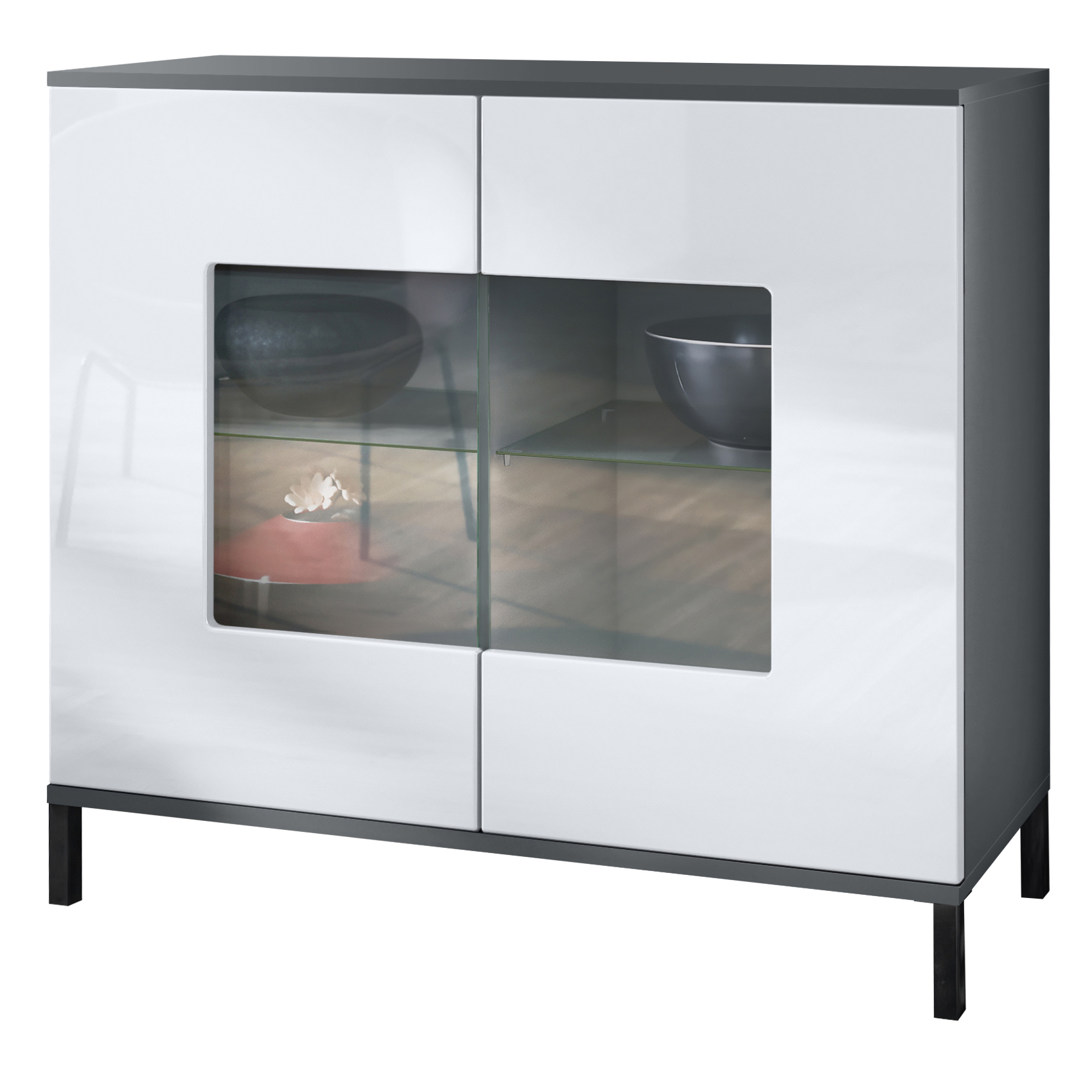 Grömitz V3 Kommode Anthrazit mit 2 großen Glastüren Anthrazit matt / Weiß Hochglanz (92,5 x 83.5 x 35)