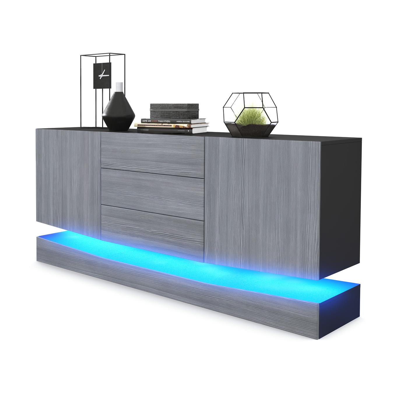 Sideboard City und 3 Schubladen inkl. LED-Beleuchtung,  Schwarz matt/Avola-Anthrazit (178 x 72 x 38 cm)