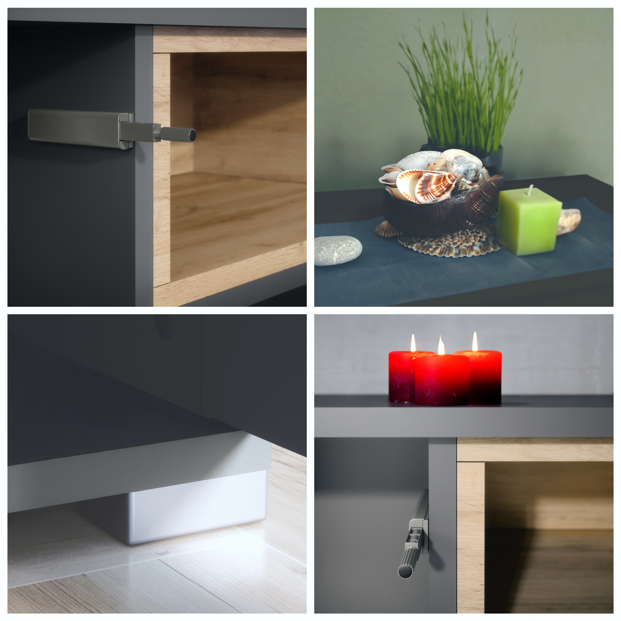 Skadu V4 Sideboard Anthrazit mit 2 Türen, 3 Schubladen und 1 offenem Fach Anthrazit matt/Grau Hochglanz (166,5 x 75,5 x 35 cm)
