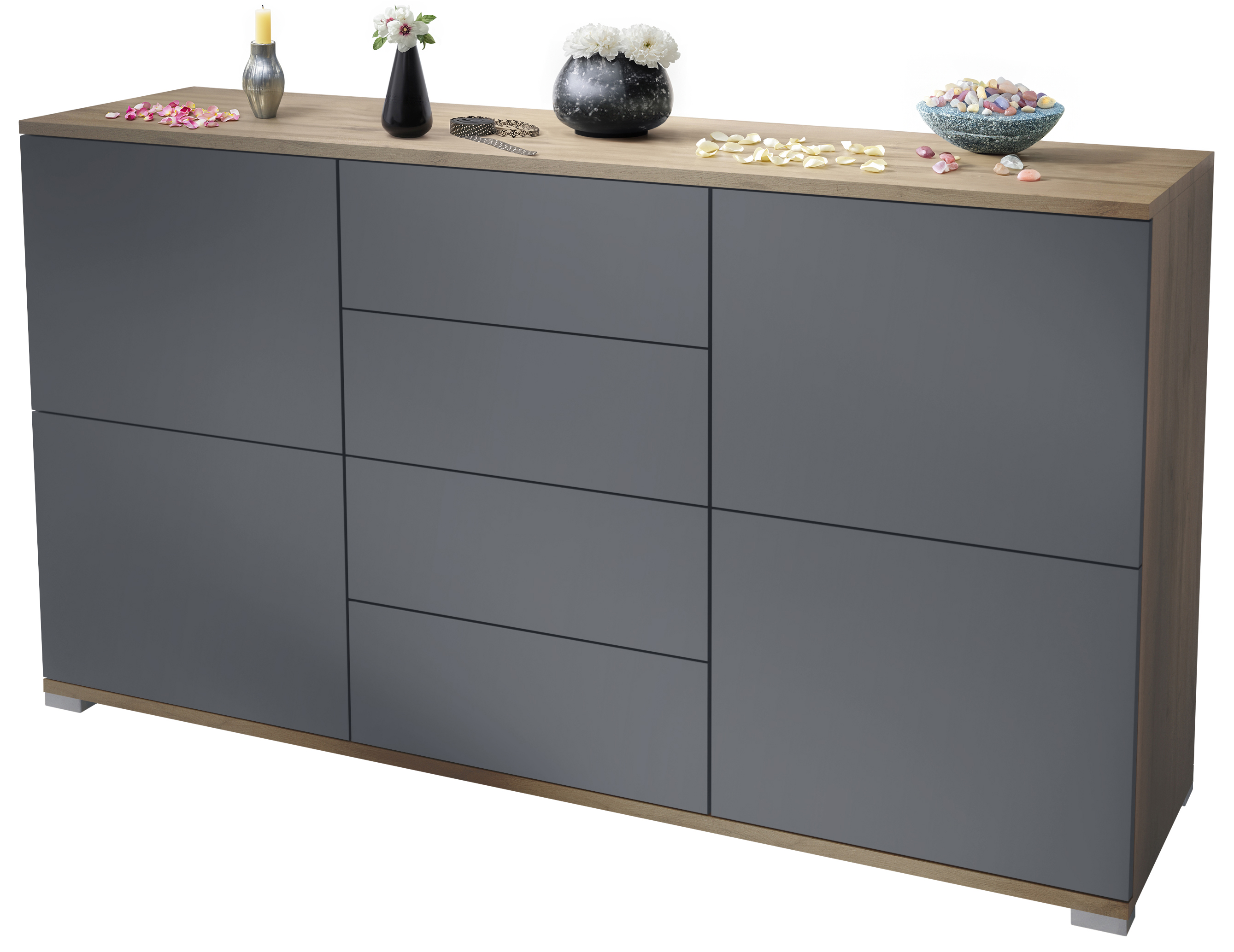 Sideboard Rova V1 4 Schubladen, Made in Germany, Eiche Evoke/Anthrazit matt (138,5 x 75,5 x 35)