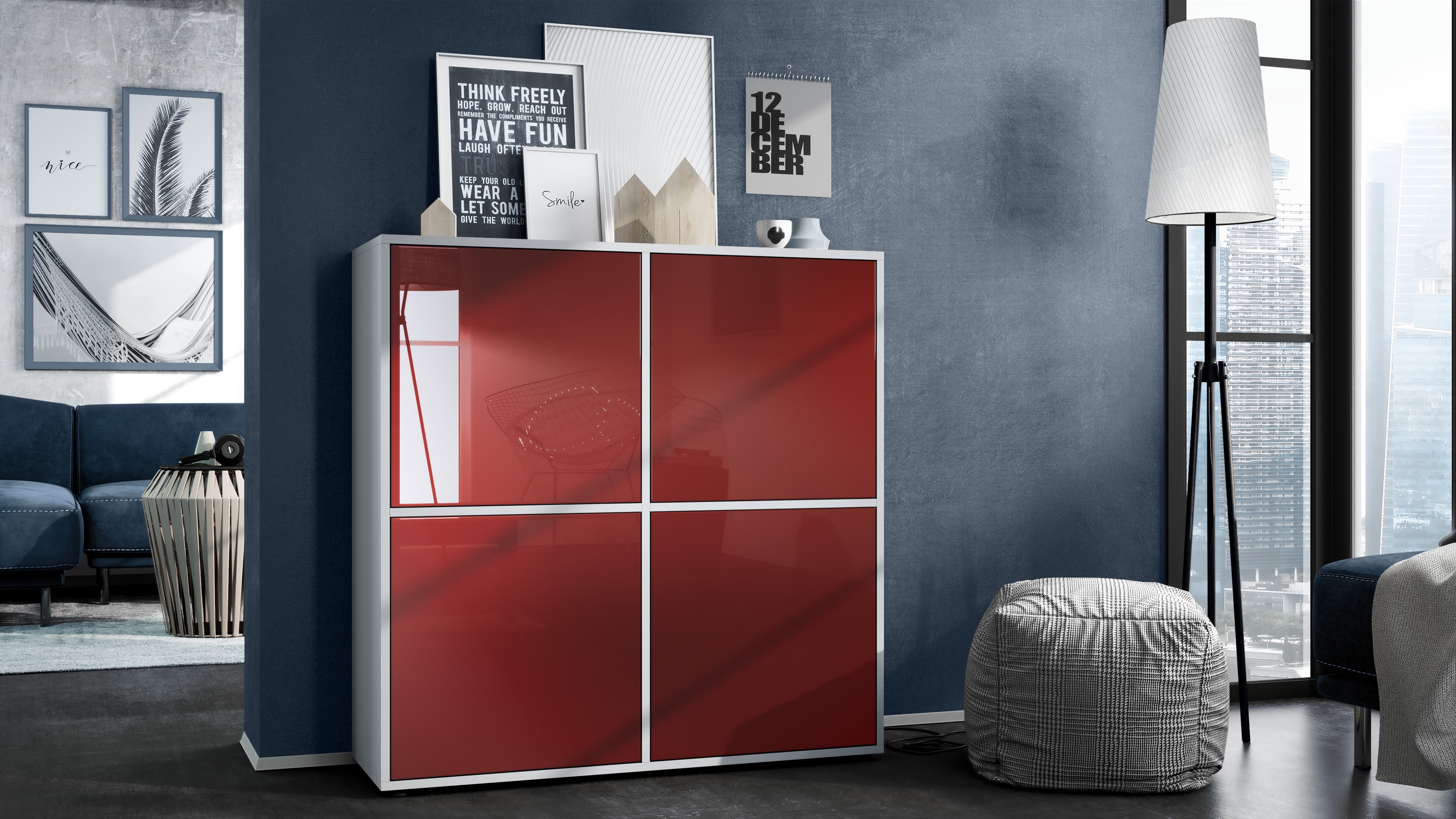 Highboard Cuba V2 Sideboard mit 4 Türen Push-to-Open, Made in Germany Weiß matt / Bordeaux Hochglanz (104 x 105,5 x 35,5 cm)