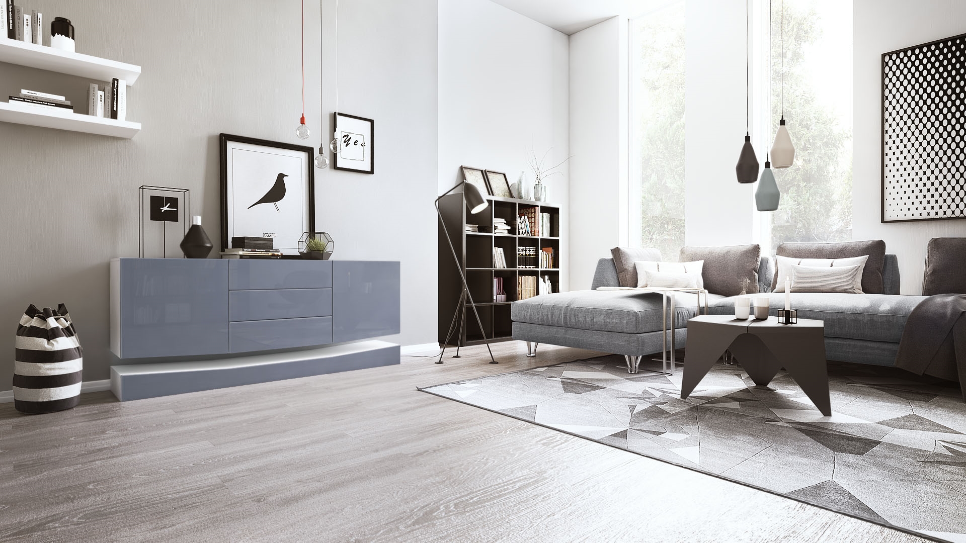 Sideboard City  mit 2 Türen und 3 Schubladen Weiß matt/Grau Hochglanz (178 x 72 x 38 cm)