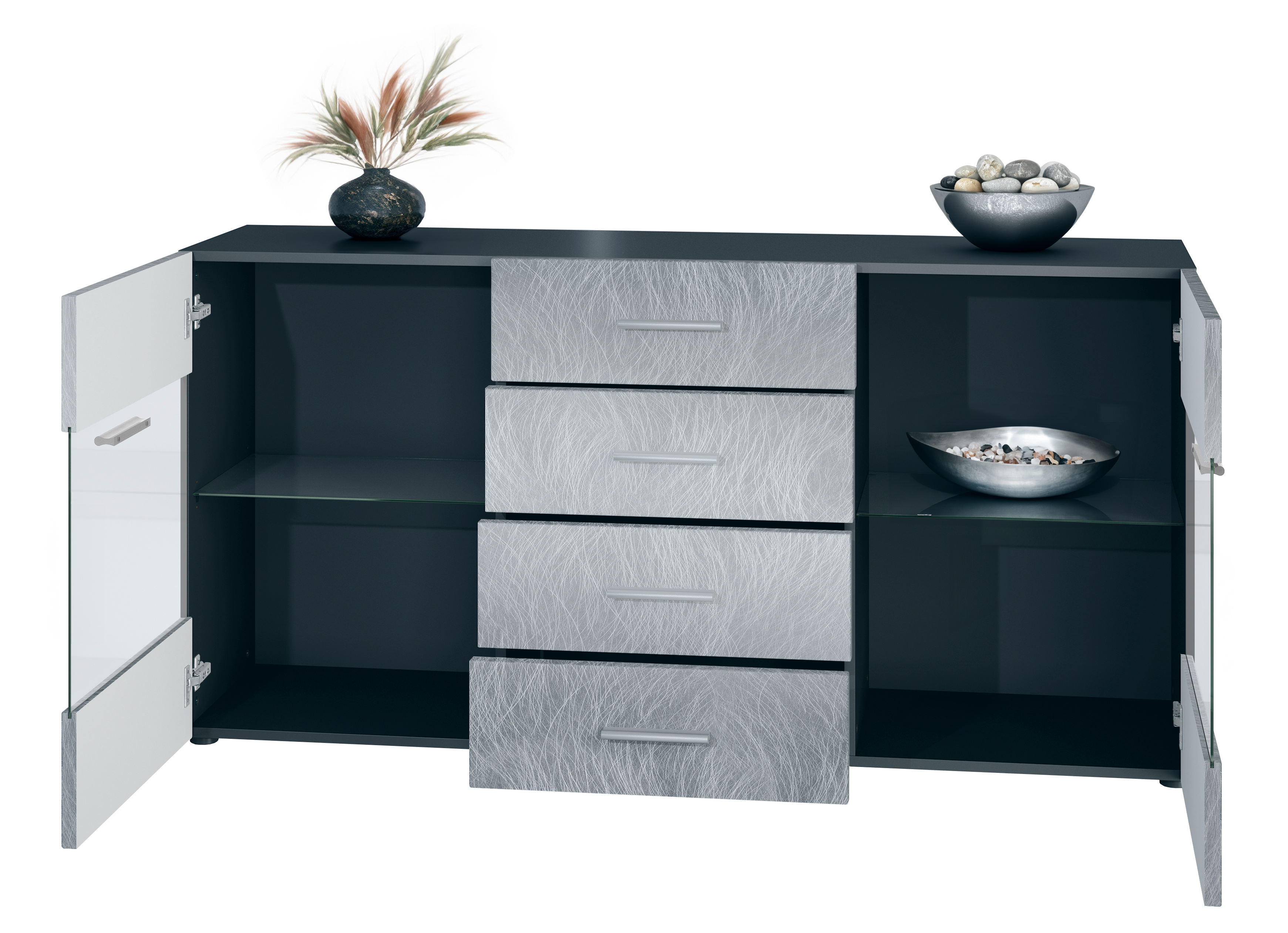 Sideboard Bari V1 4 Schubladen und 2 flexible Glaseinlegeböden Schwarz matt/Scratchy Metal (139 x 72 x 35)