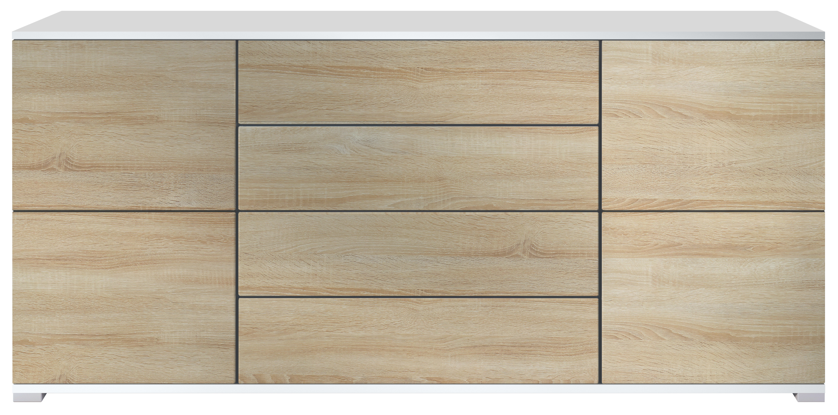 Sideboard Rova V2 Weiß 4 Schubladen, Made in Germany, Weiß matt/Eiche sägerau (166,5 x 75,5 x 35)