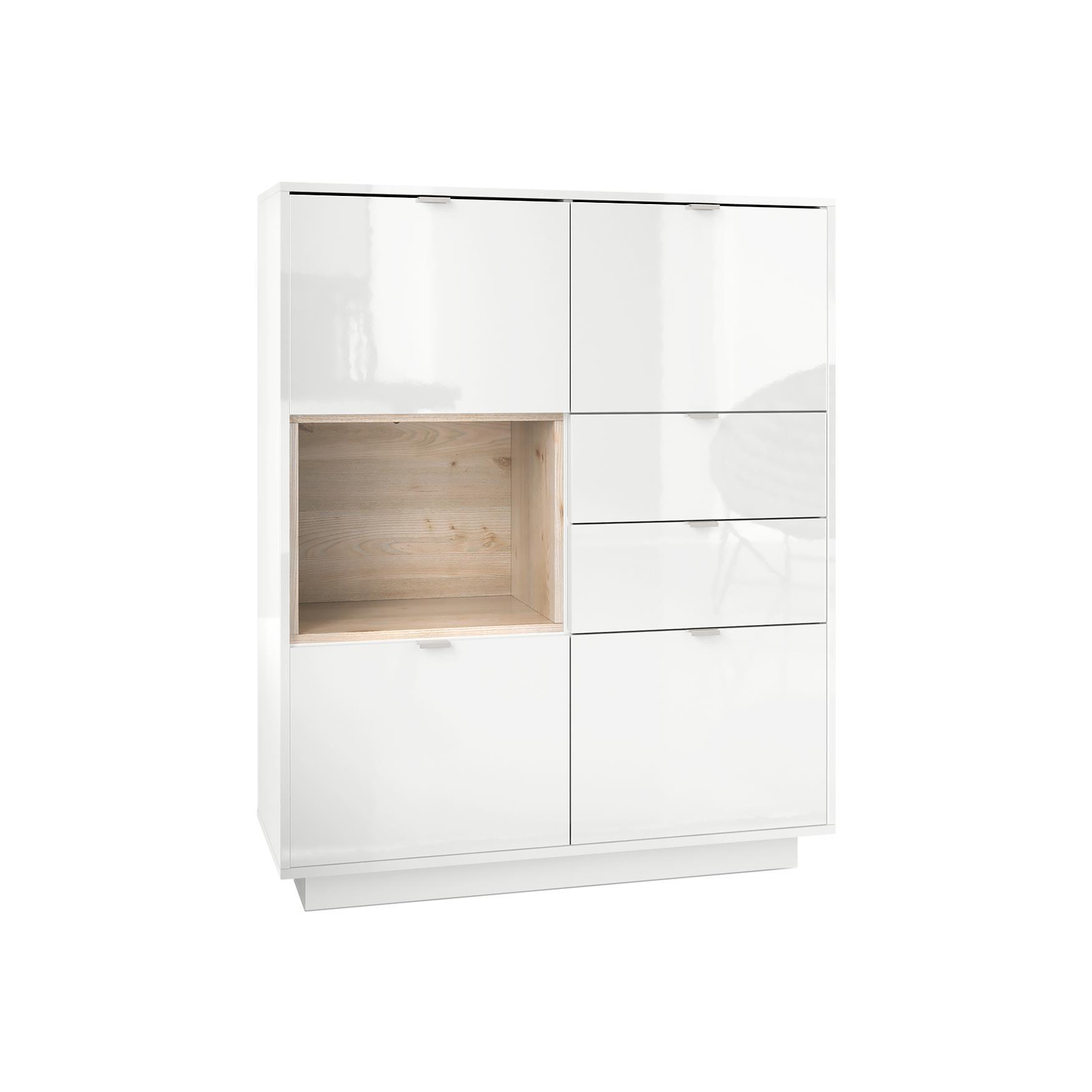 Highboard Metro  mit 4 Türen, 2 Schubladen und 1 offenem Fach Weiß Hochglanz/Eiche Nordic (103 x 123 x 38 cm)