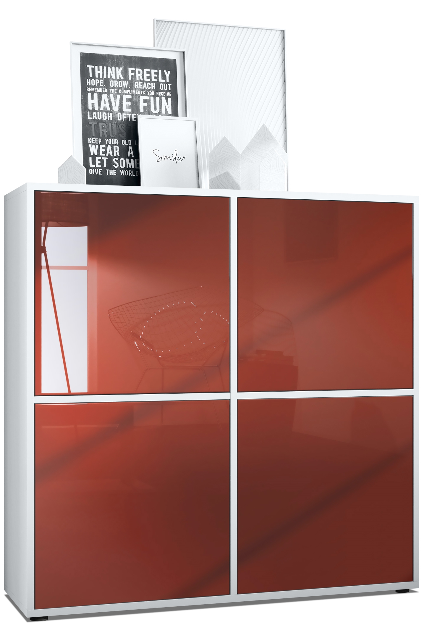 Highboard Cuba V2 Sideboard mit 4 Türen Push-to-Open, Made in Germany Weiß matt / Bordeaux Hochglanz (104 x 105,5 x 35,5 cm)