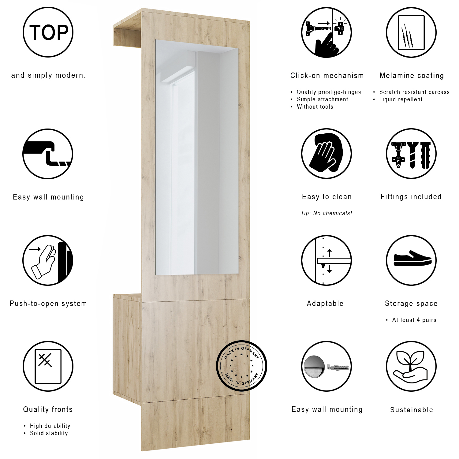 Garderobe Carlton Neo 1-tlg. mit Spiegel, Kleiderstange & Wandschrank Eiche Evoke (52 x 193 x 35 cm)