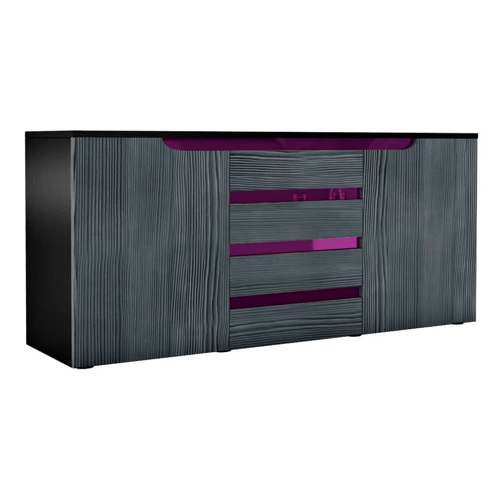 Sideboard Sylt mit 2 Türen und 4 Schubladen Schwarz matt/Avola-Anthrazit/Brombeer Hochglanz (139 x 72 x 35)