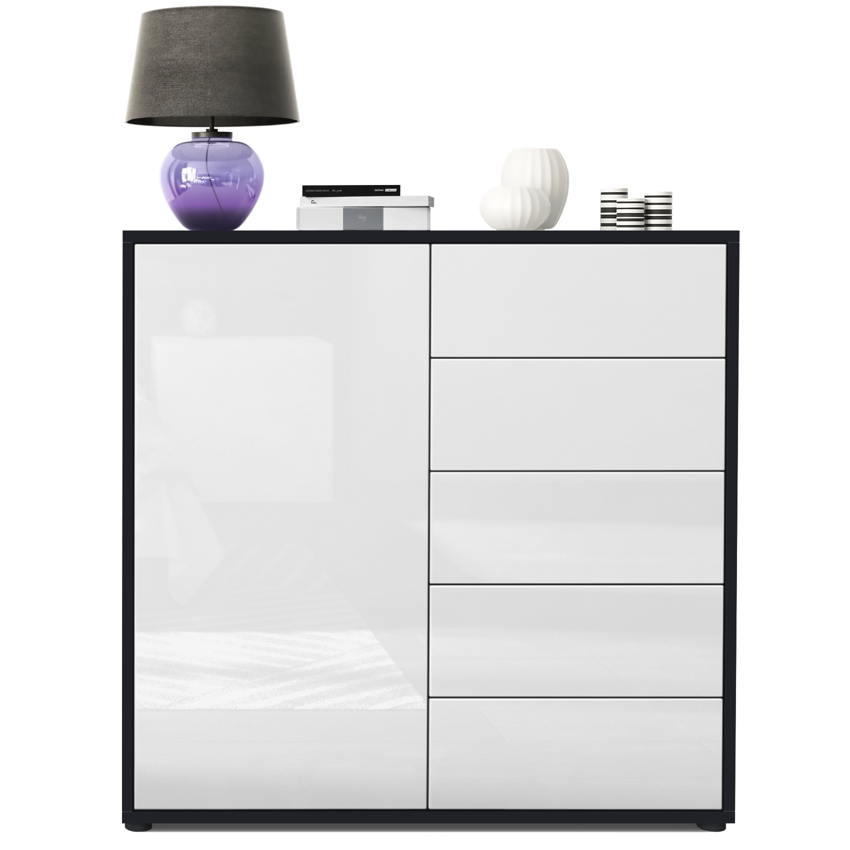 Kommode Ben V2  mit 1 Tür und 5 Schubladen Schwarz matt/Weiß Hochglanz (79 x 74 x 36 cm)
