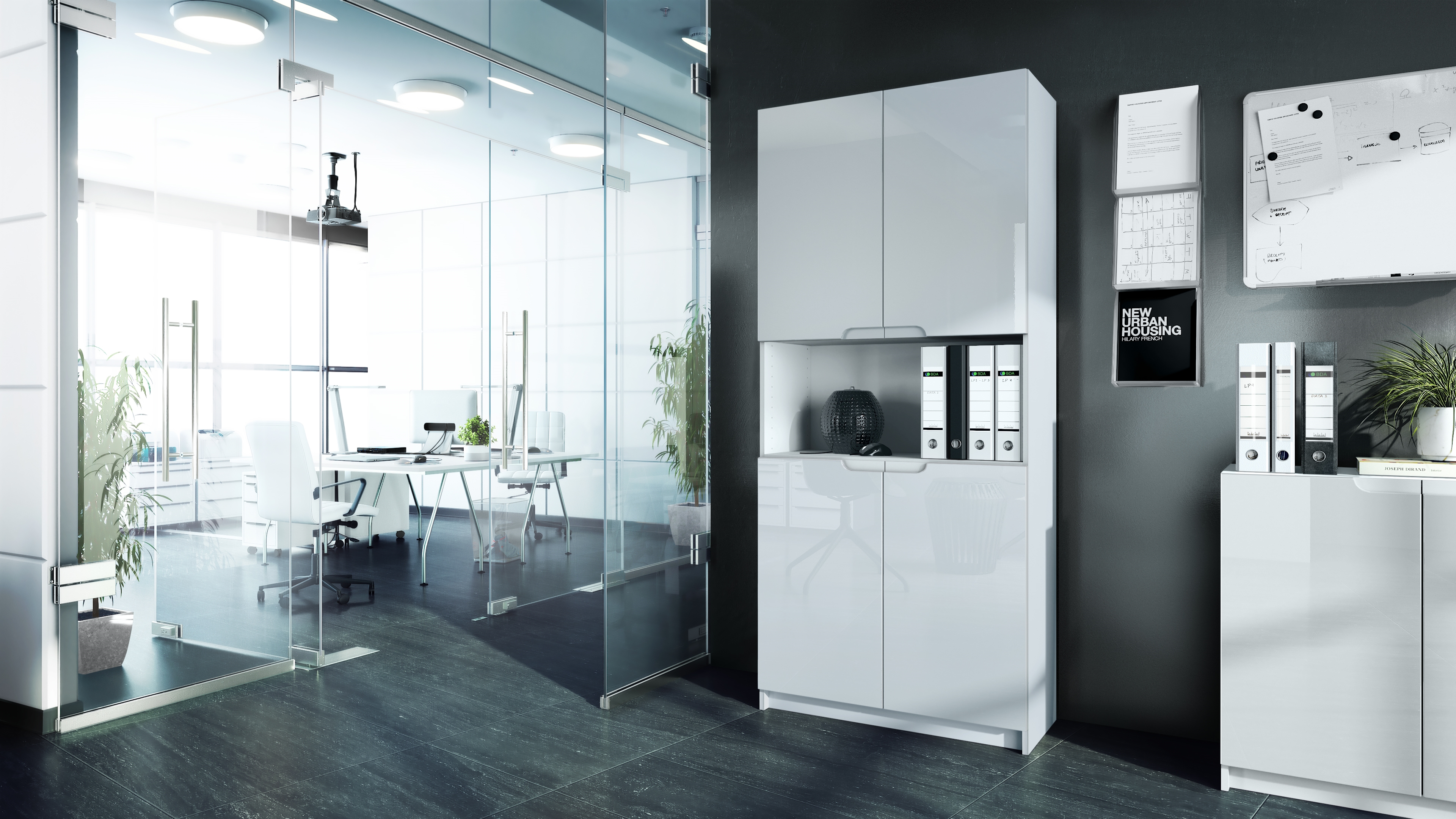 Büroschrank Logan V2 mit 5 Fächern und 4 Türen Weiß matt/Weiß Hochglanz (82 x 185 x 37 cm)