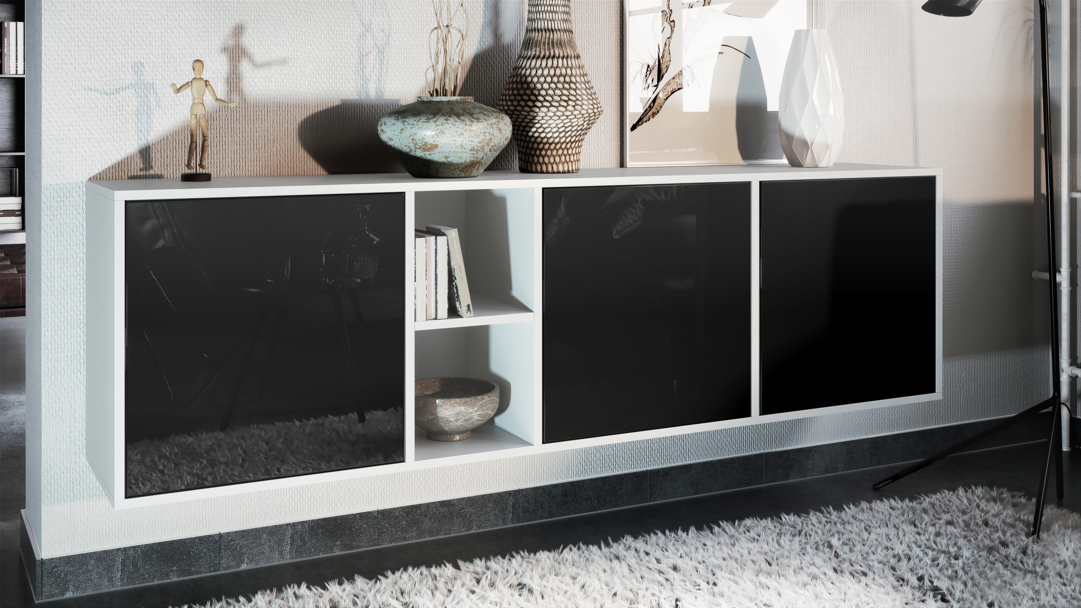 Sideboard Cuba  mit 3 Türen und 2 offene Fächer Weiß matt/Schwarz Hochglanz (182 x 53 x 35 cm)