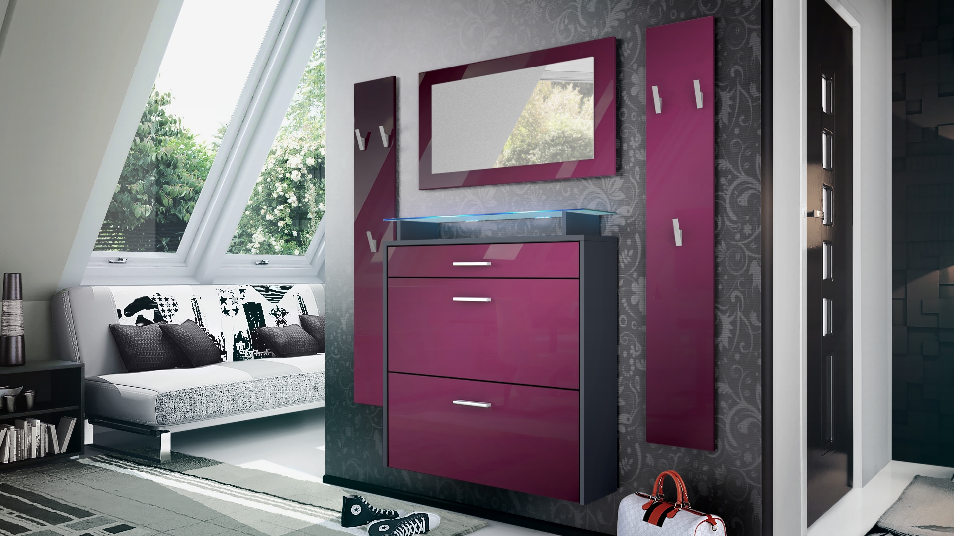Garderobenset Malea 1 Wandspiegel und 2 Garderobenpaneele Anthrazit matt/Brombeer Hochglanz, inkl. LED-Beleuchtung blau
