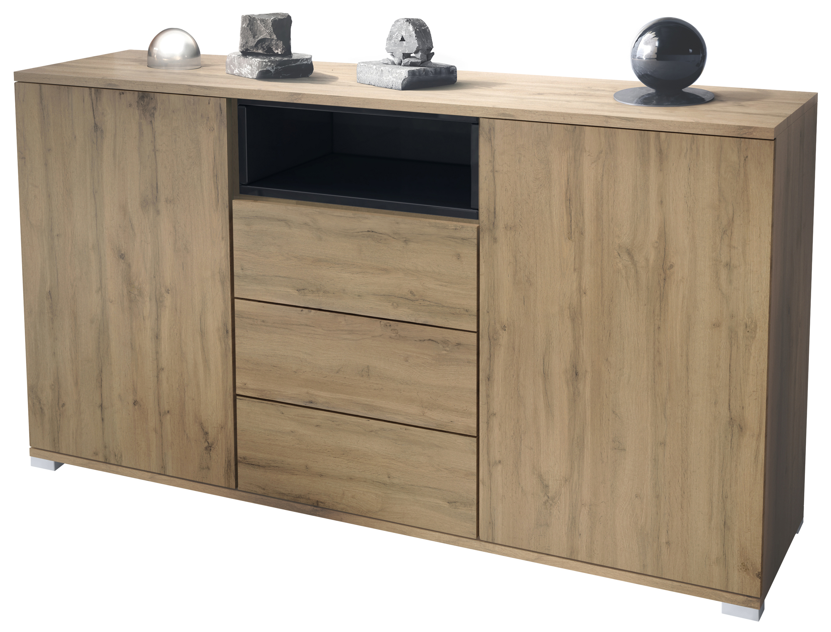 Skadu V2 Sideboard Eiche Evoke mit 2 Türen, 3 Schubladen und 1 offenem Fach Eiche Evoke/Schwarz Hochglanz (138,5 x 75,5 x 35 cm)