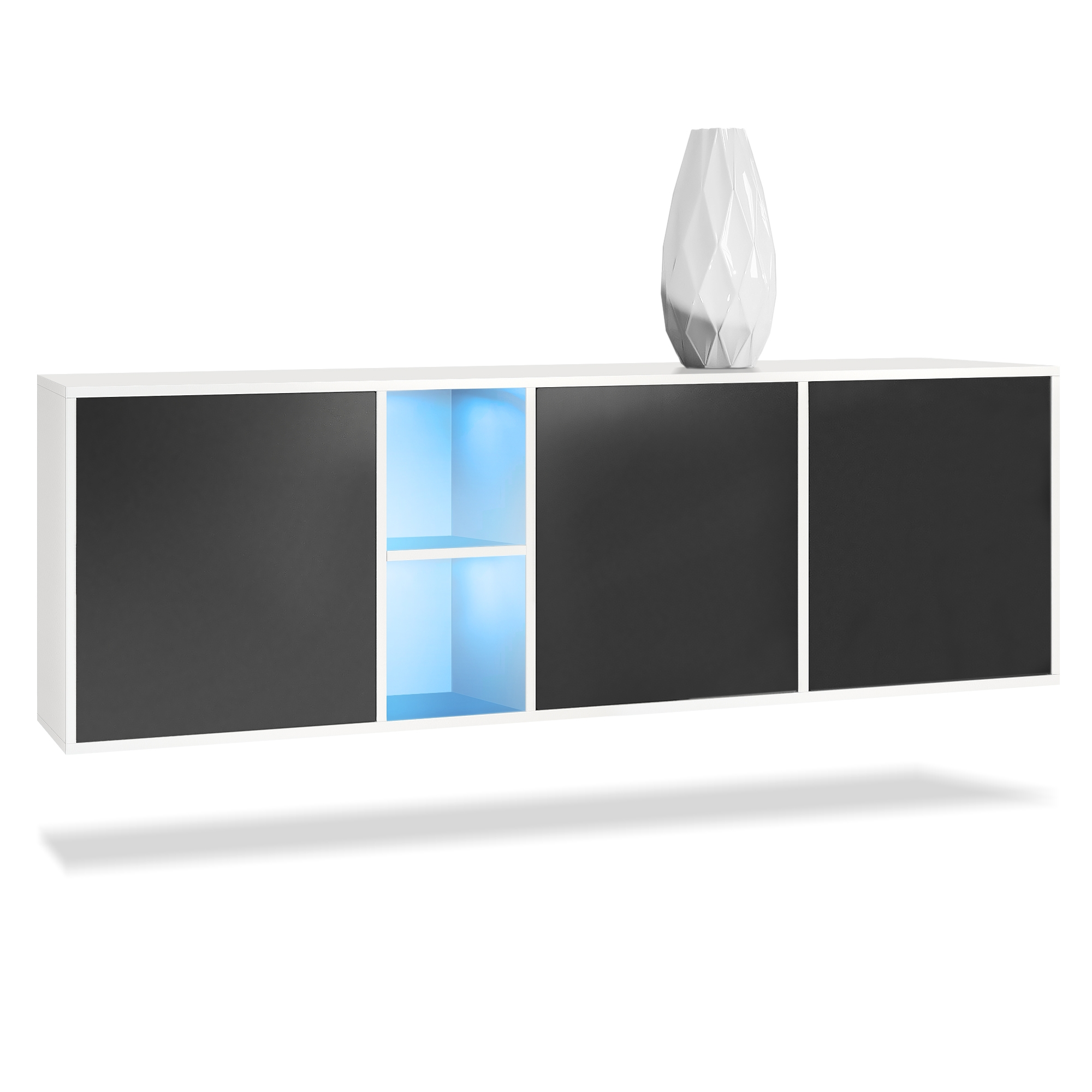 Sideboard Cuba  mit 3 Türen und 2 offene Fächer Weiß matt/Schwarz matt inkl. LED-Beleuchtung (182 x 53 x 35 cm)