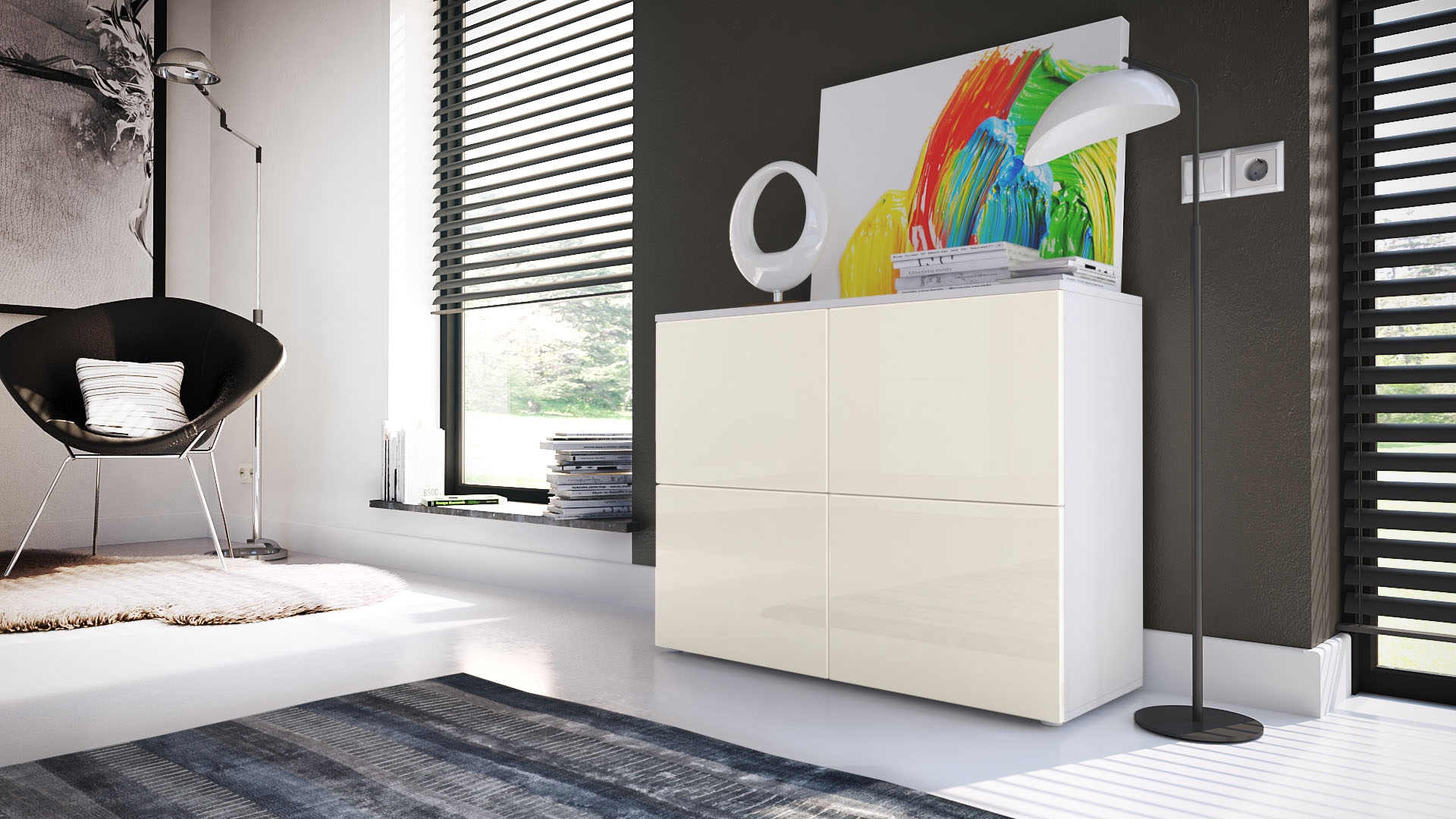 Kommode Rova mit 4 Türen Weiß matt/Creme Hochglanz (92 x 72 x 35 cm)