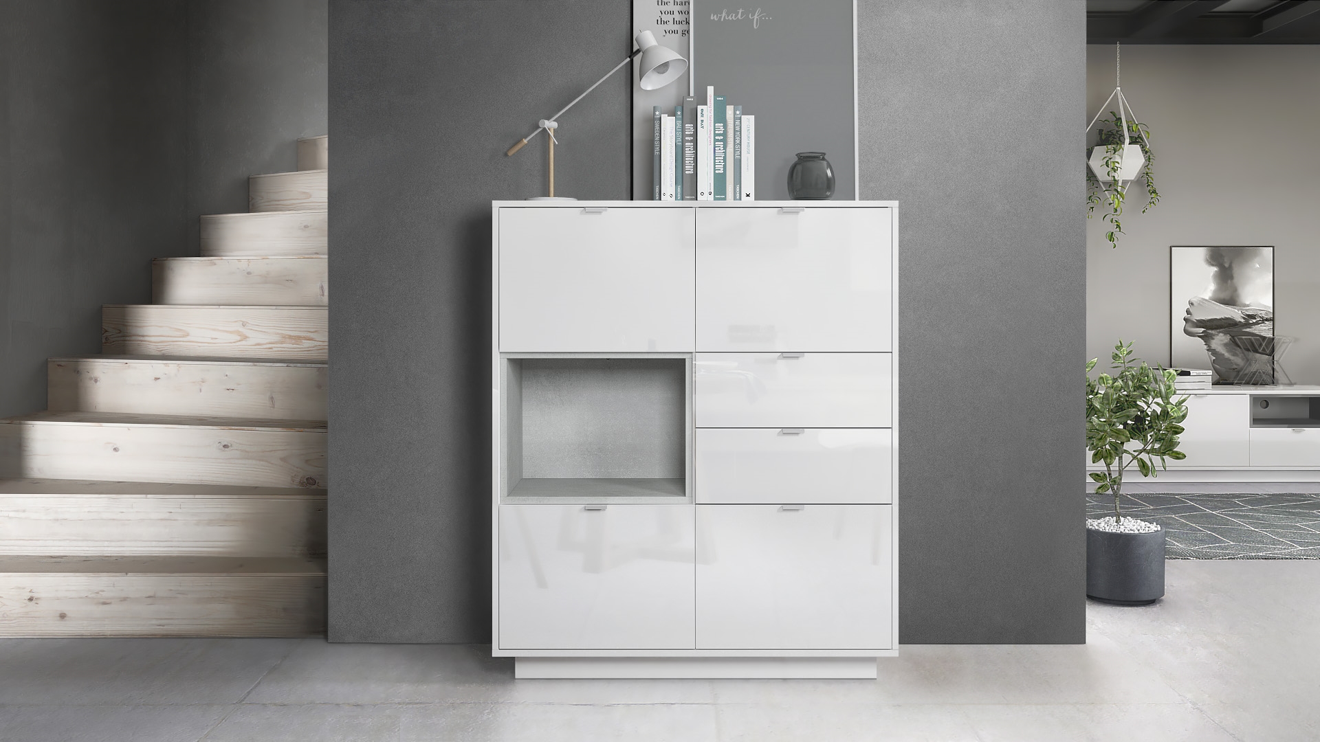 Highboard Metro  mit 4 Türen, 2 Schubladen und 1 offenem Fach Weiß Hochglanz/Beton Oxid Optik (103 x 123 x 38 cm)