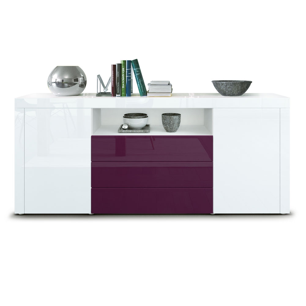 Sideboard Santiago mit 2 großen Türen und 3 Schubladen Weiß Hochglanz/Brombeer Hochglanz (167 x 72 x 35 cm)