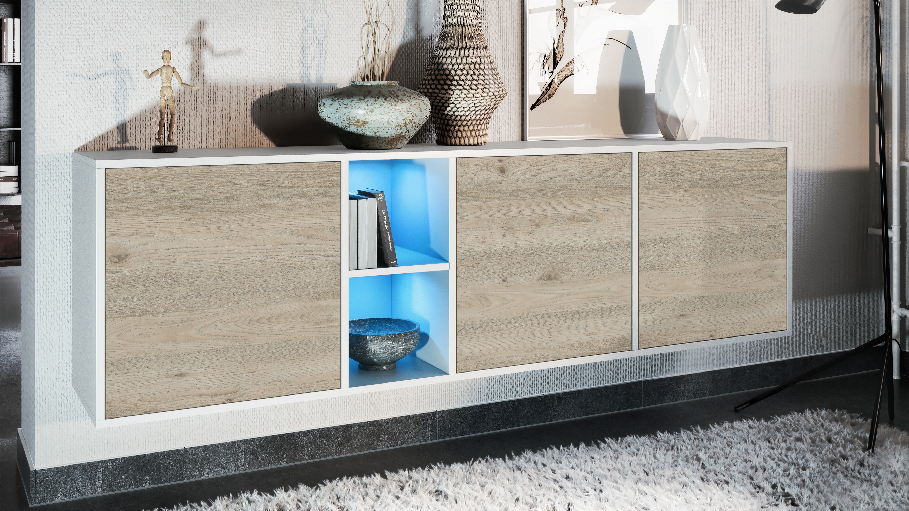 Sideboard Cuba  mit 3 Türen und 2 offene Fächer Weiß matt/Eiche Nordic inkl. LED-Beleuchtung (182 x 53 x 35 cm)
