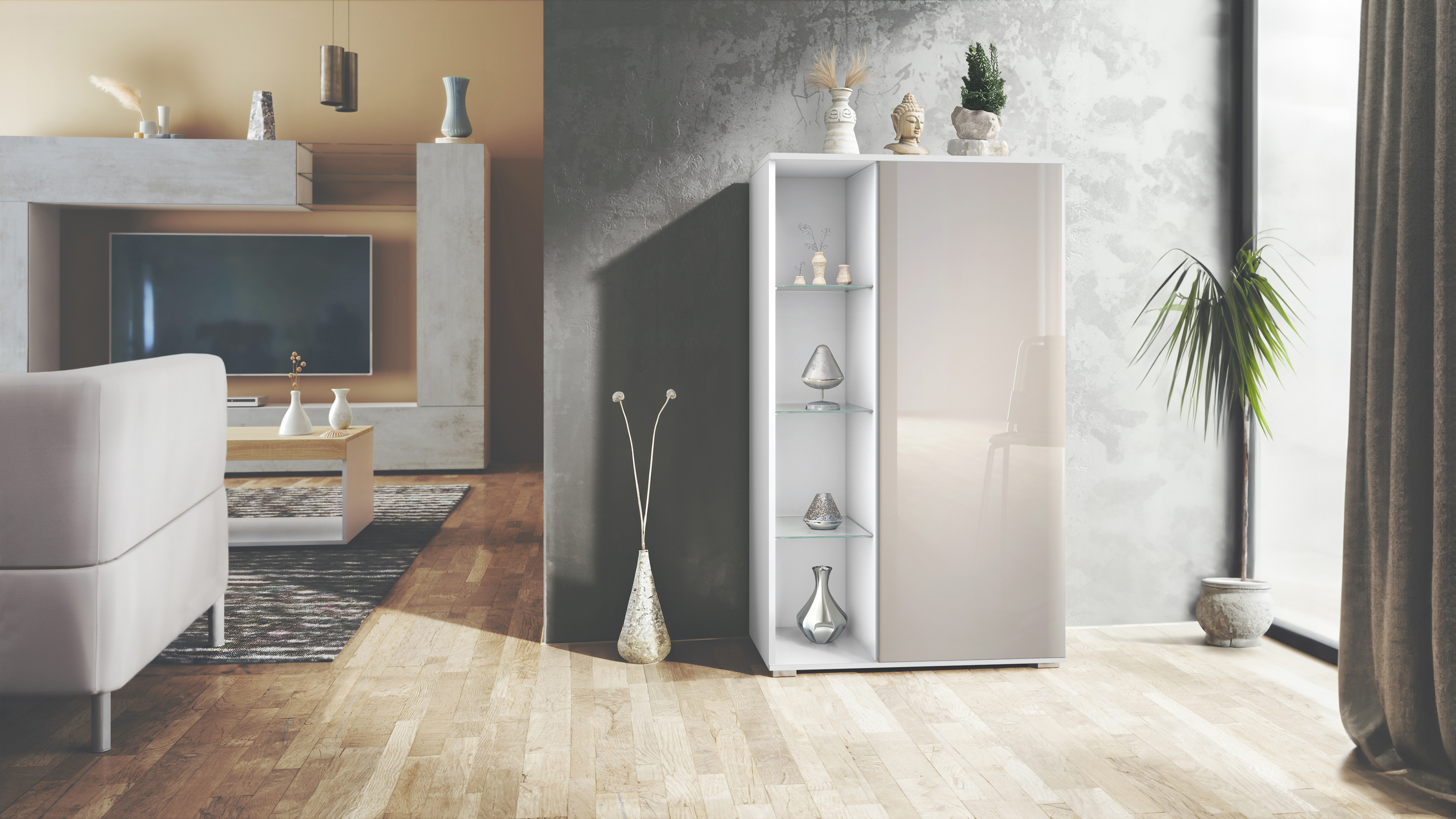 Vitrine Davos mit 3 Glasböden und 8 Fächer Weiß matt/Sandgrau Hochglanz (71,5 x 134 x 35 cm)