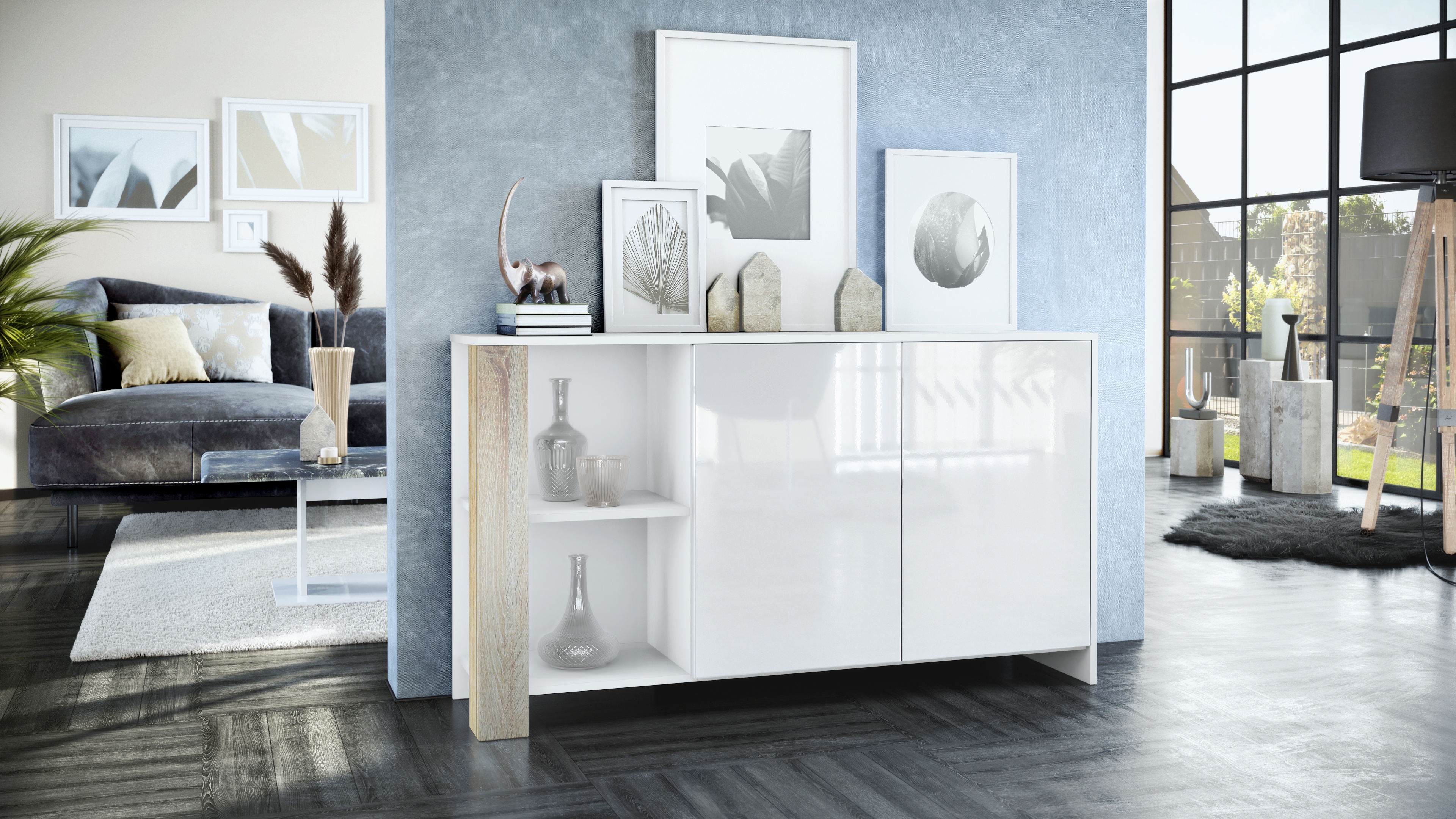 Sideboard Canto mit 2 Türen und 6 Fächern Weiß matt, Weiß Hochglanz, Eiche sägerau