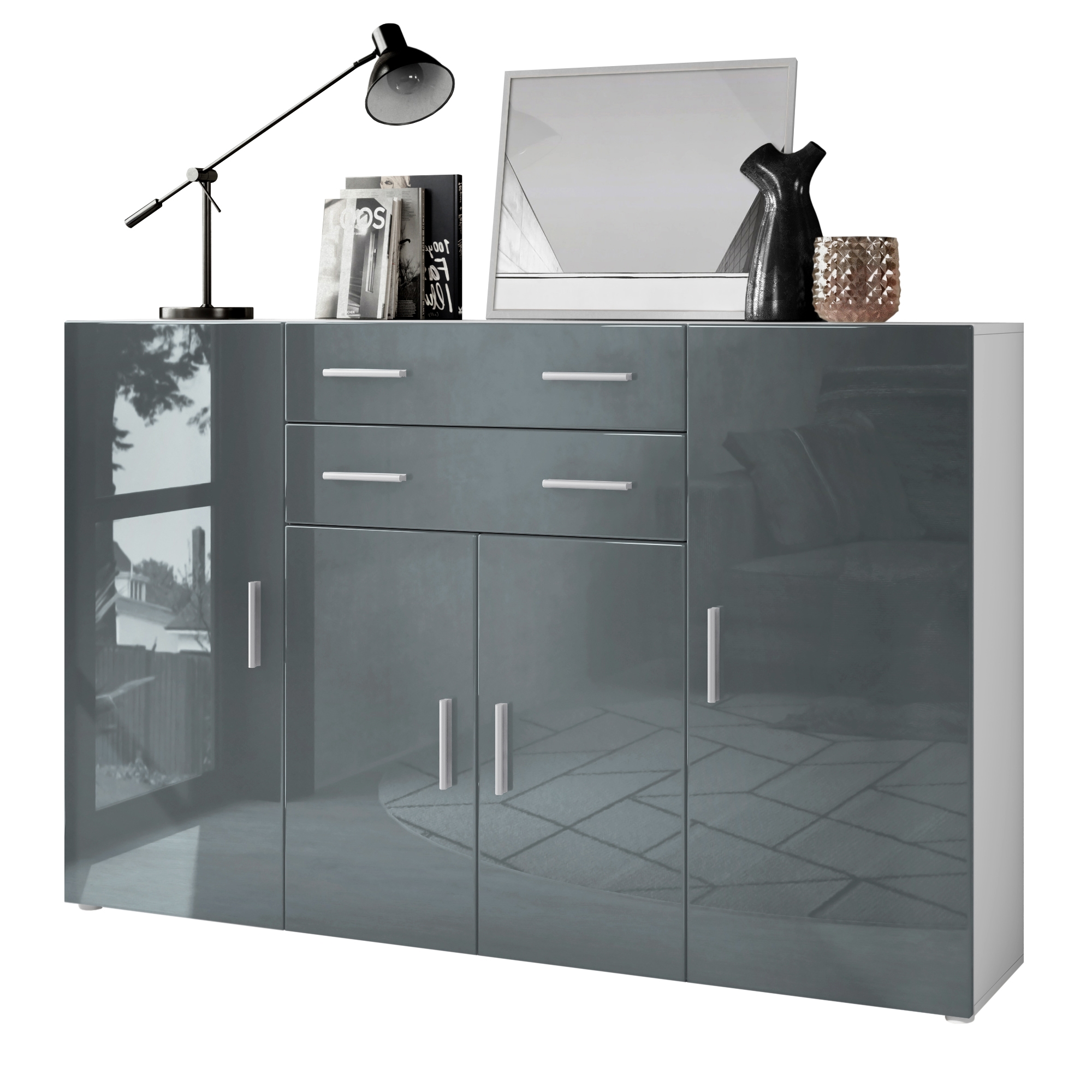 Highboard Aron  mit 4 Türen und 2 Schubladen Weiß matt/Grau Hochglanz (166,5 x 106,5 x 35 cm)