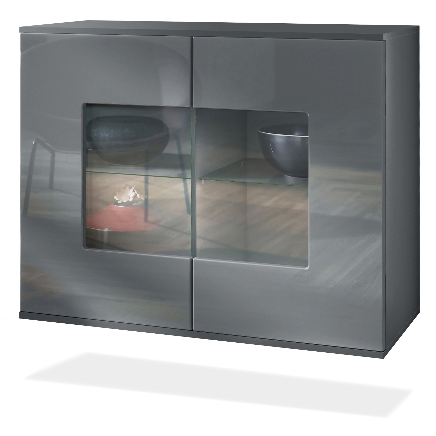 Grömitz V3 Kommode Anthrazit mit 2 großen Glastüren Anthrazit matt / Grau Hochglanz (92,5 x 73.5 x 35)