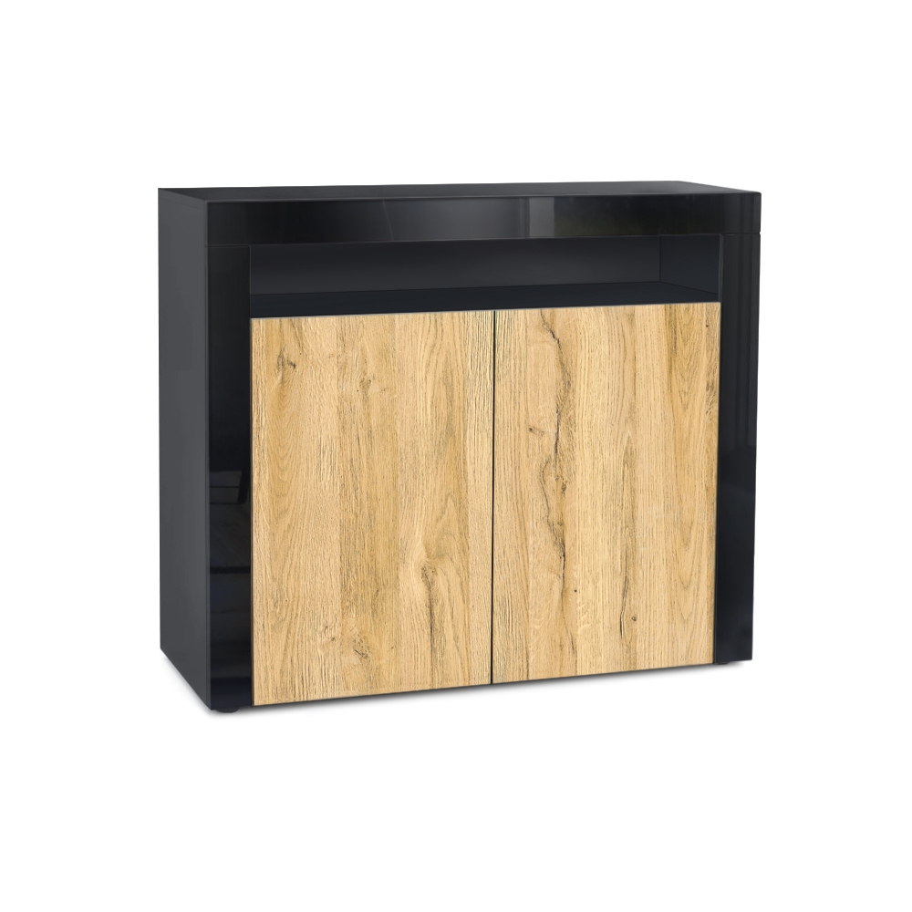 Kommode Valencia Sideboard mit 2 Türen und 1 offenem Fach Schwarz matt/Eiche Natur/Schwarz Hochglanz (108 x 92 x 40 cm)