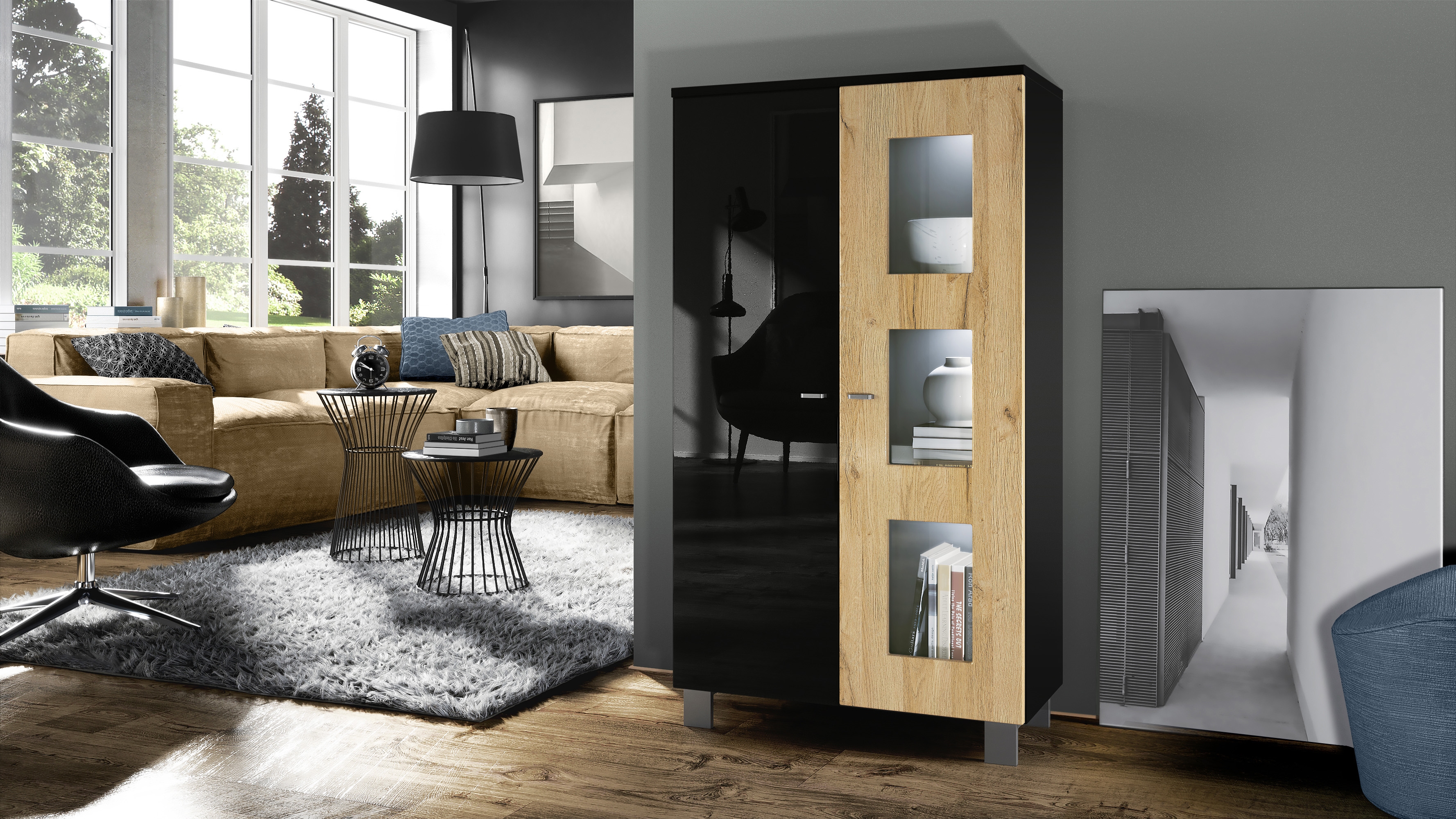 Vitrine Denjo  mit 2 Türen und 3 Glaseinsätzen Schwarz matt&glänzend/ Eiche Natur mit Beleuchtung (71x129x35 cm)
