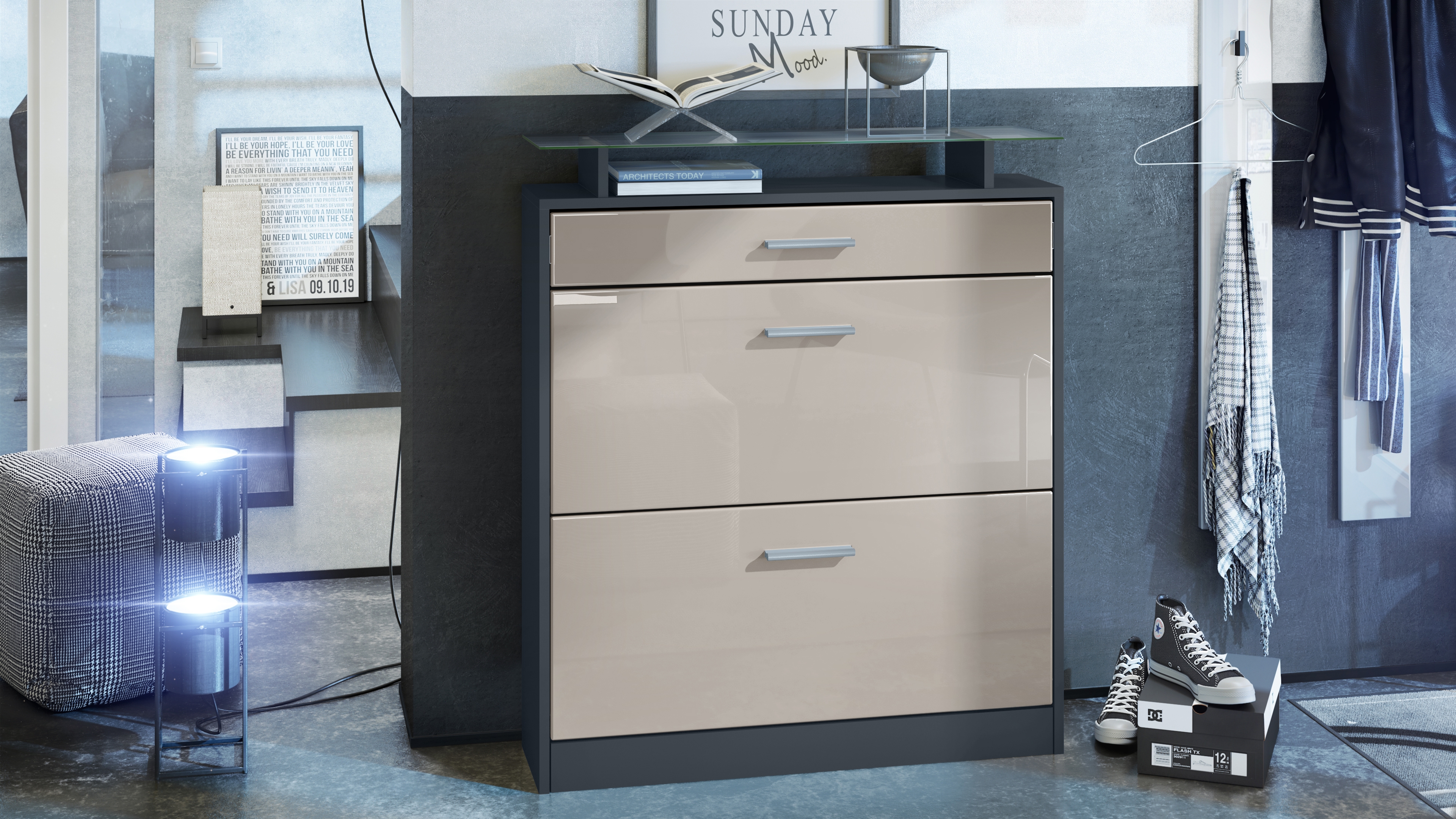 Schuhschrank Loret mit 2 Klappen und 1 Schublade und Glasablage  Anthrazit matt/Sandgrau Hochglanz (89 x 104 x 23 cm)