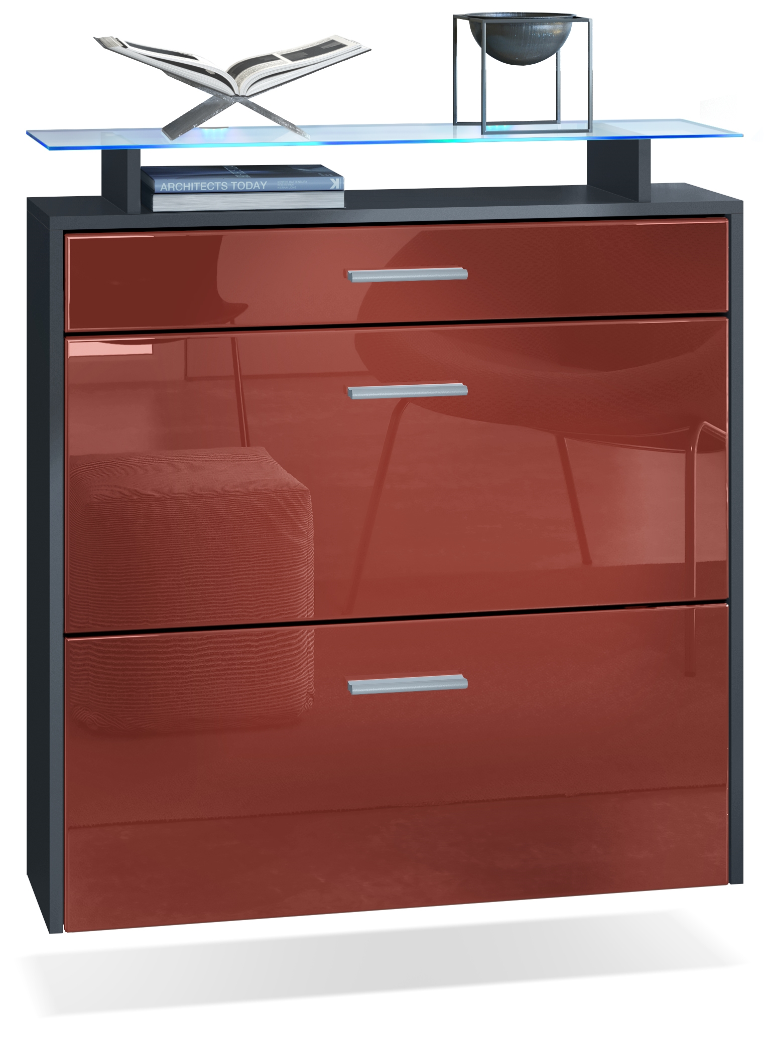 Schuhschrank Malea mit 2 Klappen und 1 Schublade und Glasablage Anthrazit matt/Bordeaux glänzend, mit Beleuchtung blau (89x96x23 cm)