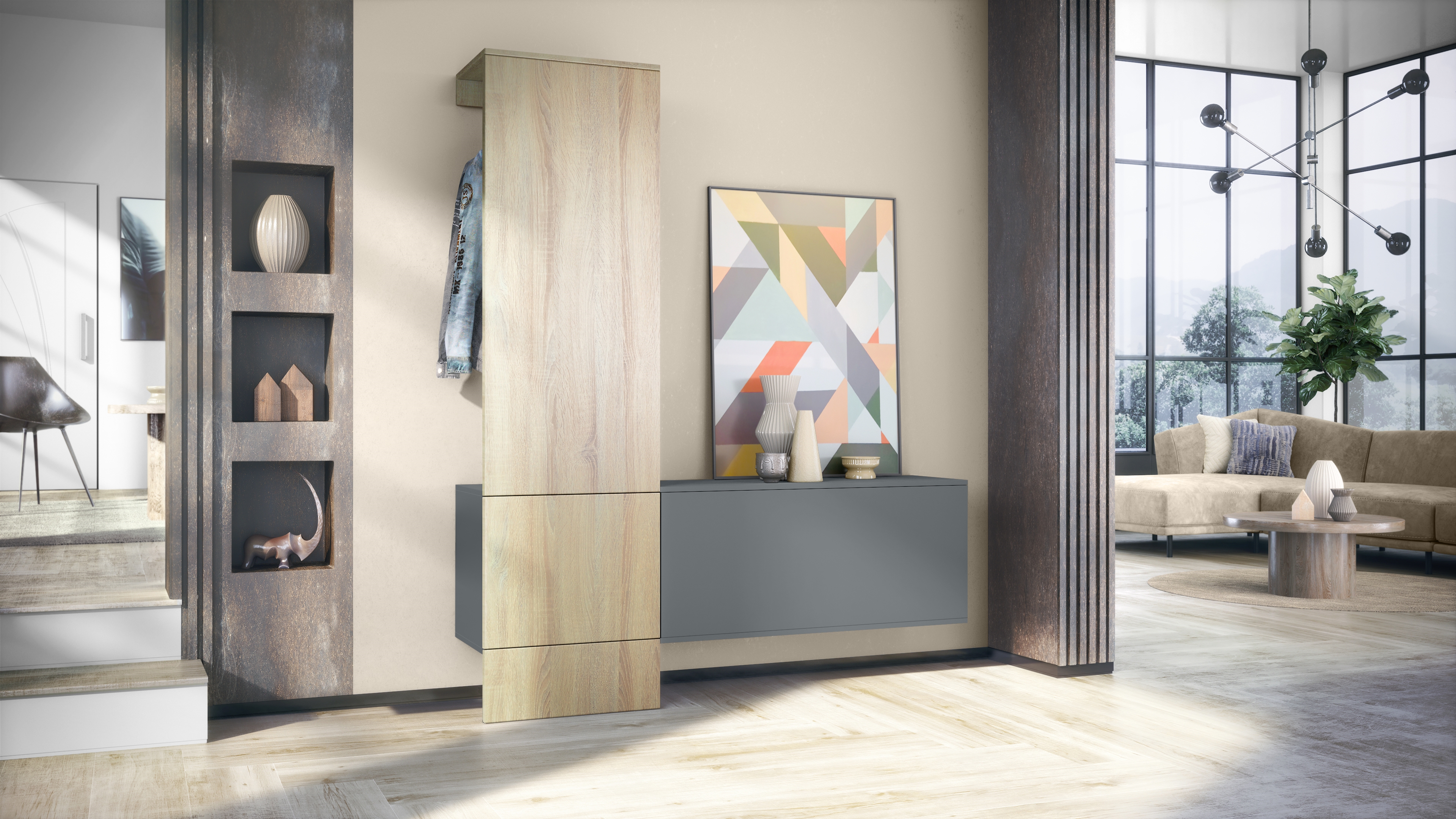 Garderobe Carlton Set 4 Anthrazit 3-tlg. 1 Paneel und 1 Schrankmodul Anthrazit matt/Eiche sägerau (156,5 x 193 x 35 cm)