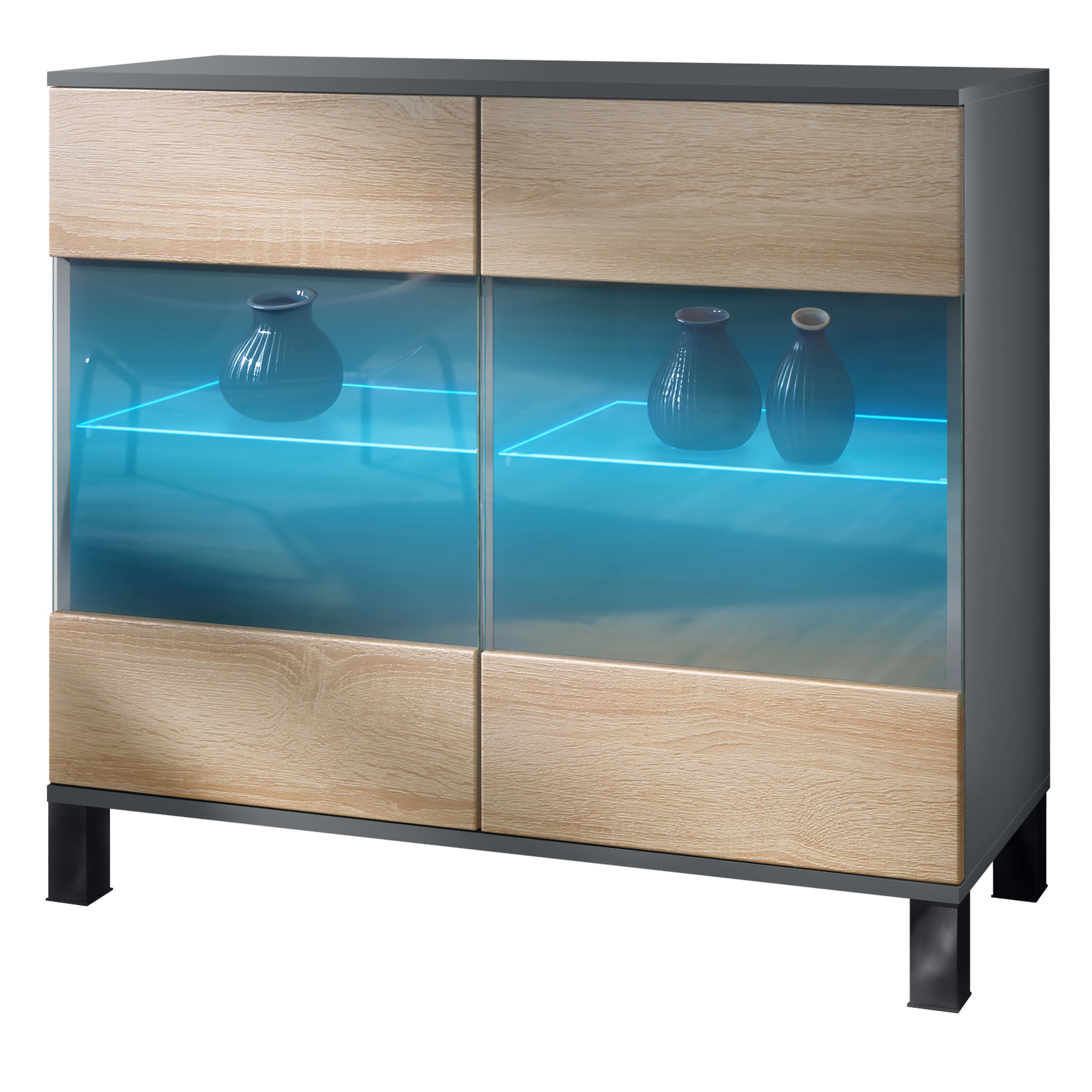 Bari V3 Kommode Anthrazit + LED mit 2 großen Glastüren inkl. RGB Beleuchtung Anthrazit matt / Eiche sägerau (92,5 x 84.5 x 35) Bari V3 Kommode Anthrazit + LED mit 2 großen Glastüren inkl. RGB Beleuchtung Anthrazit matt / Eiche sägerau (92,5 x 84.5 x 35)