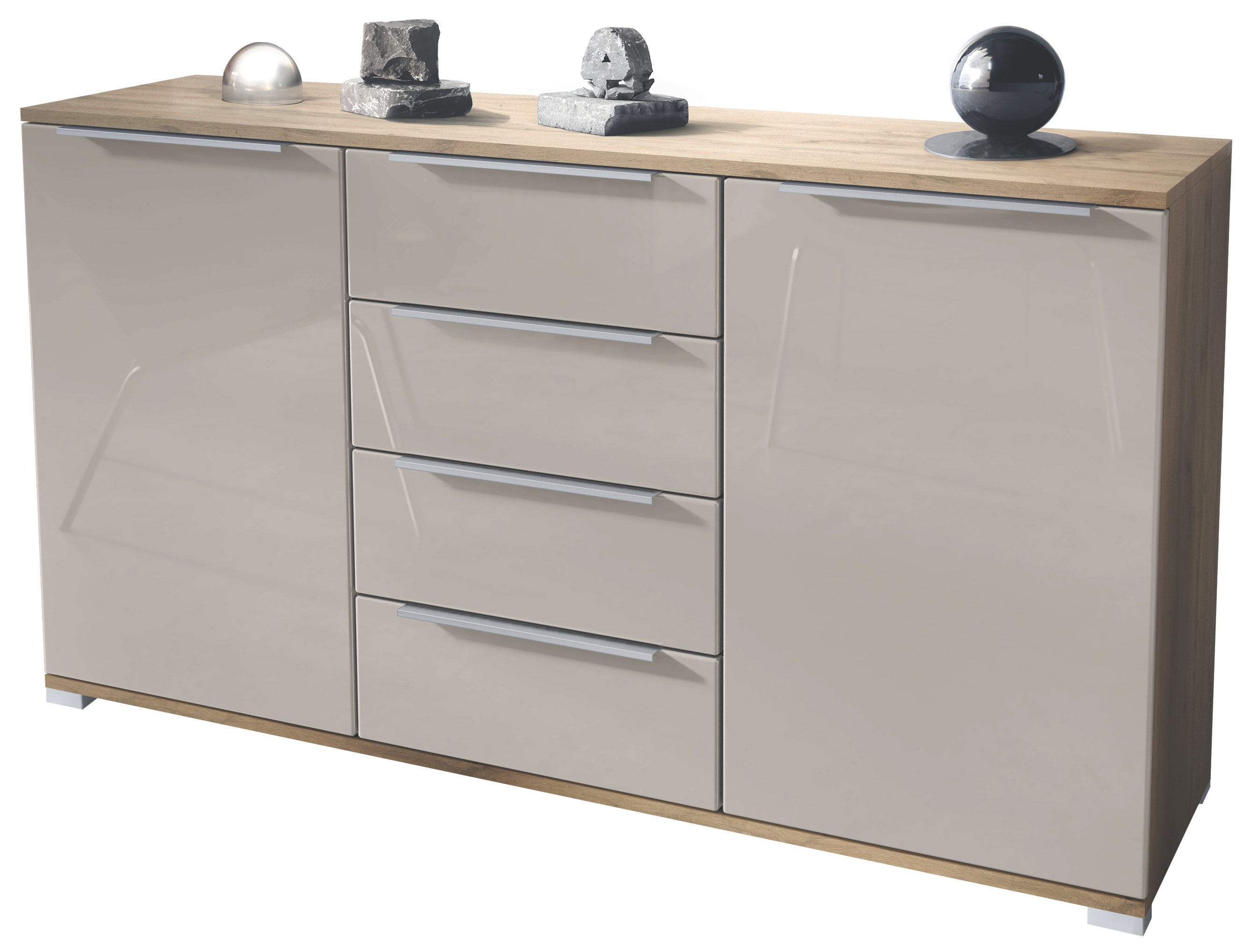 Linio V1 Sideboard Eiche Evoke mit 2 Türen und 4 Schubladen Eiche Evoke/Sandgrau Hochglanz (138,5 x 75,5 x 35 cm)